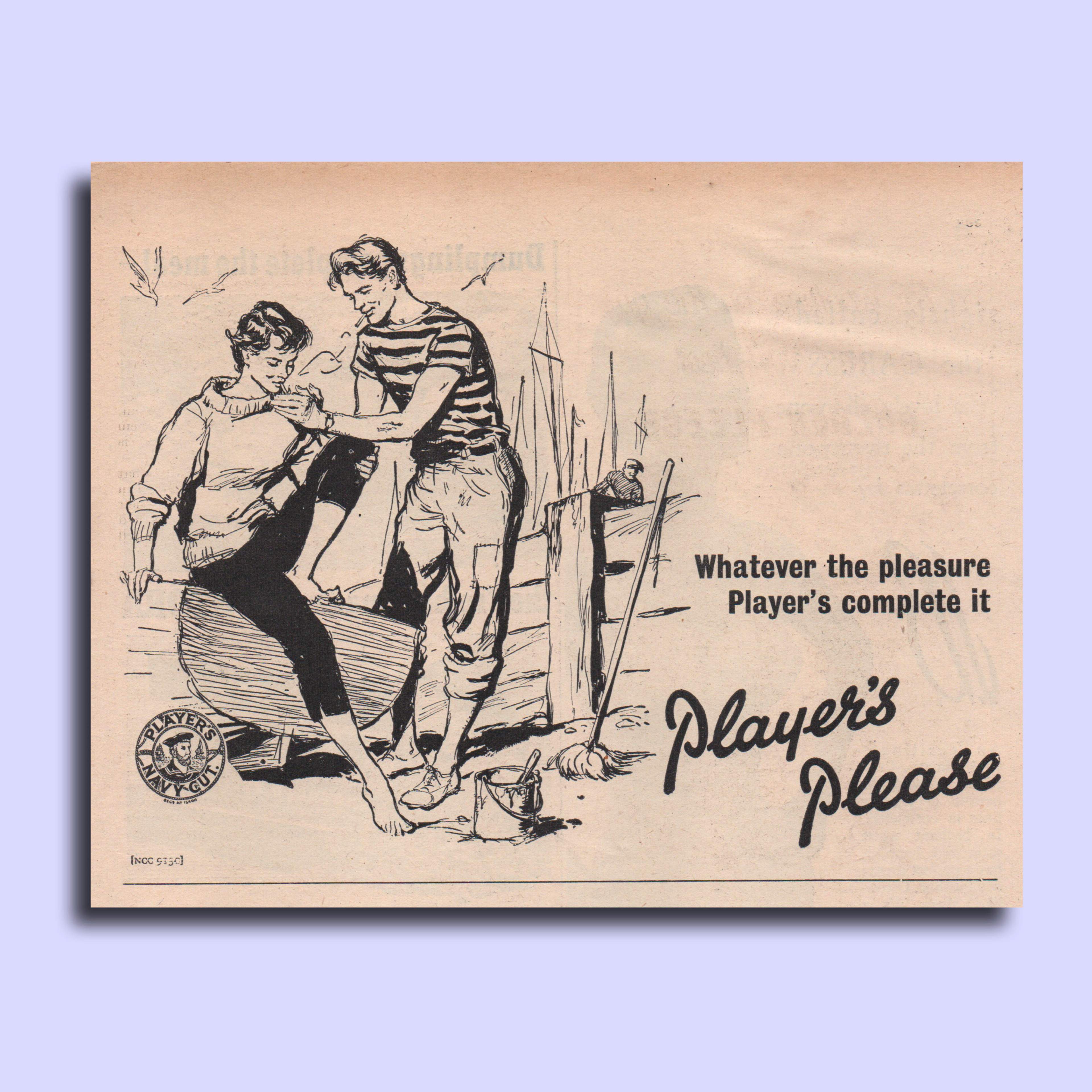 1955 black and white advert of a man and woman at the seaside smoking Players Navy Cut cigarettes. 