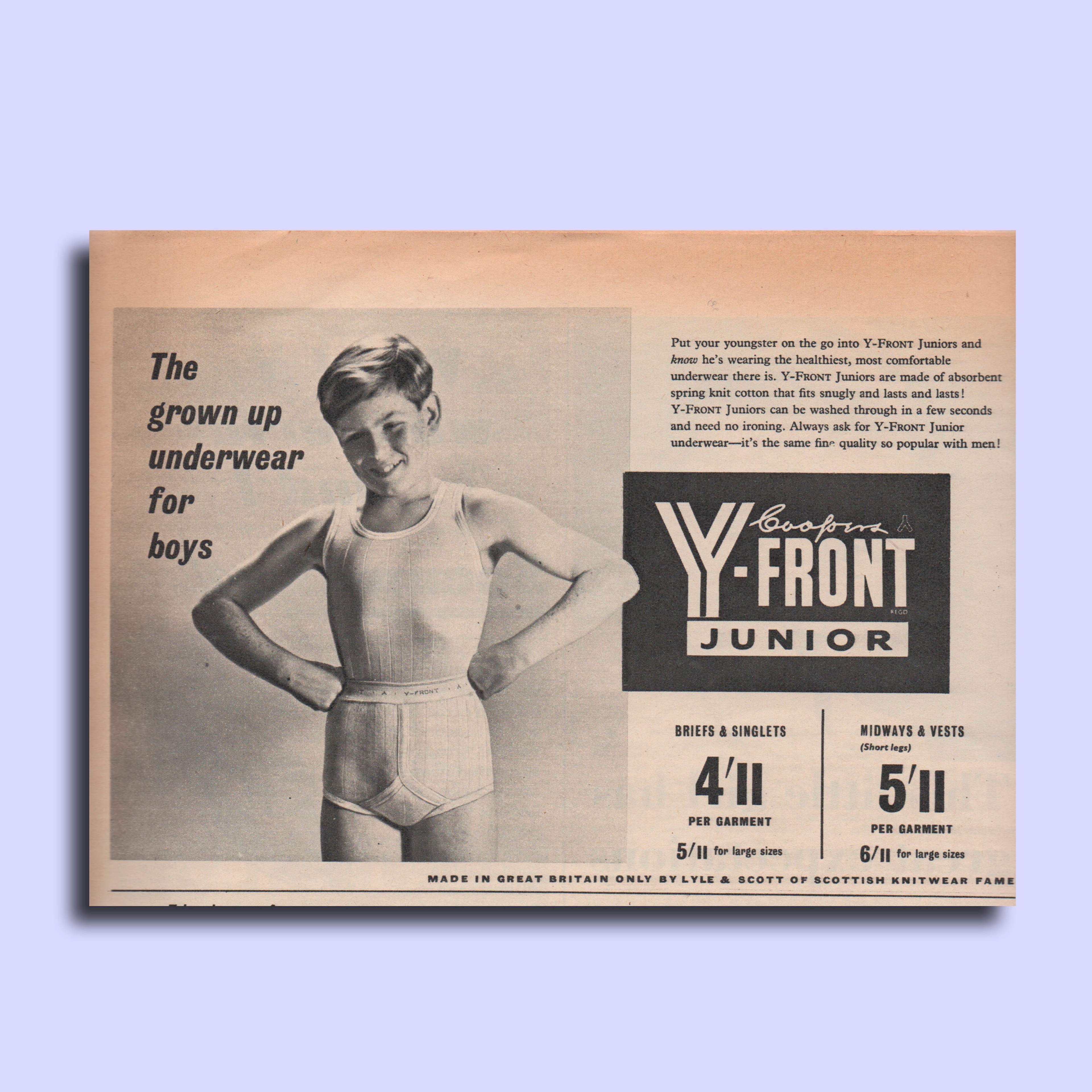 Y-front underwear 1959 advert. Black and white photograph of a young boy in Y-front underwear.