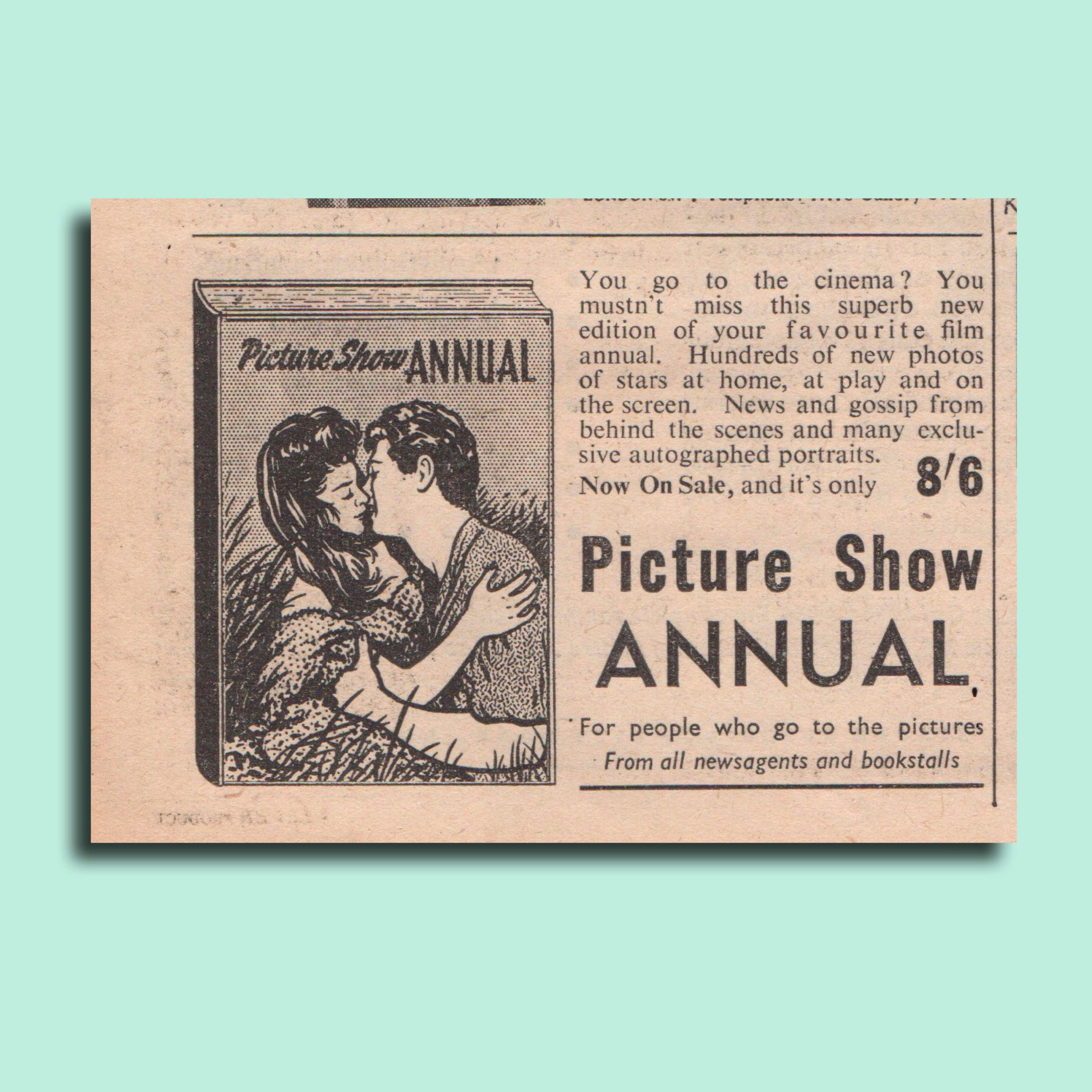 1955 black and white advert of a kissing couple on the front cover of the Picture Show Annual. 