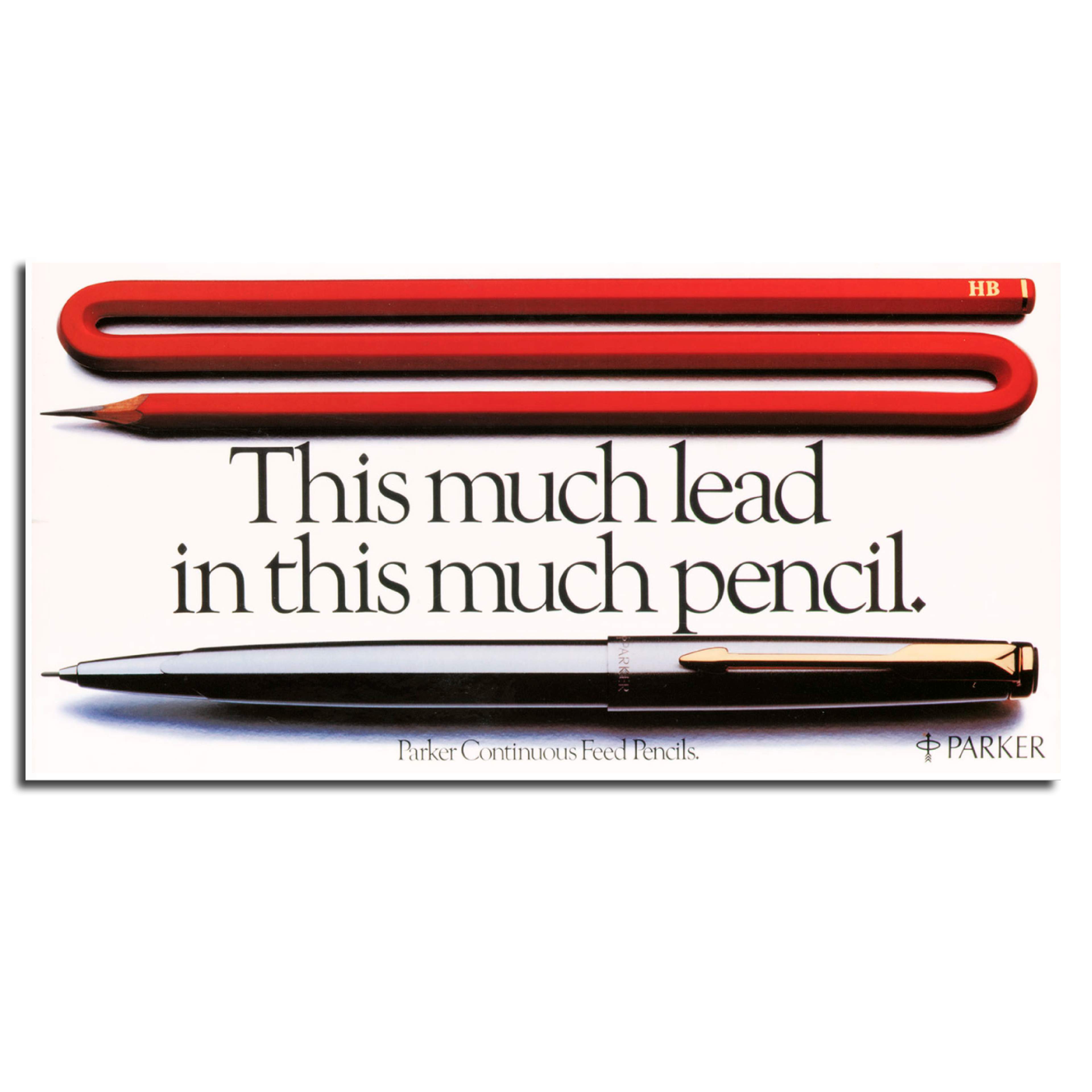 Long red pencil folded up with a Parker Pen pencil underneath. Parker Pencil award-winning poster.