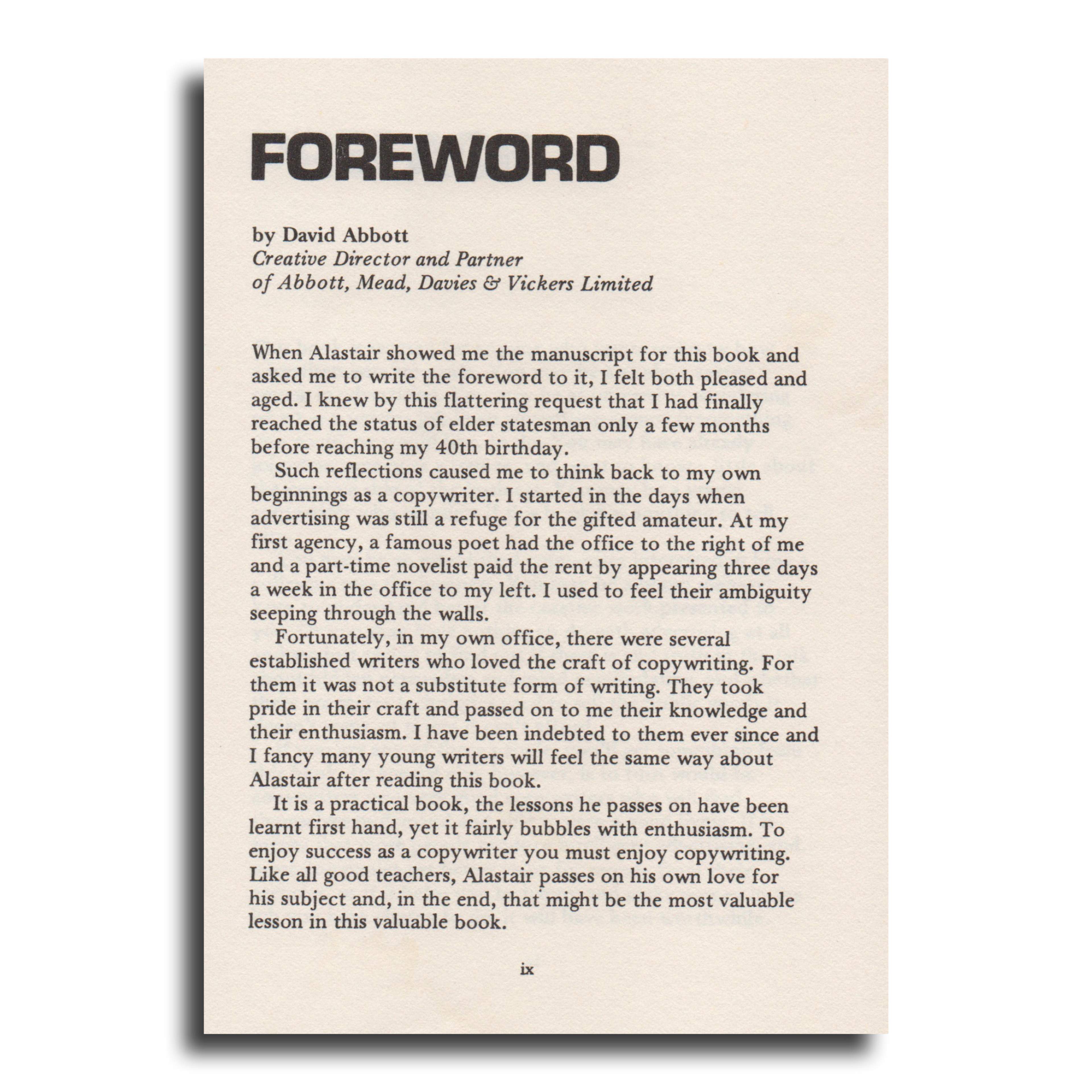 Foreword written by David Abbott for the book The Craft of Copywriting. 