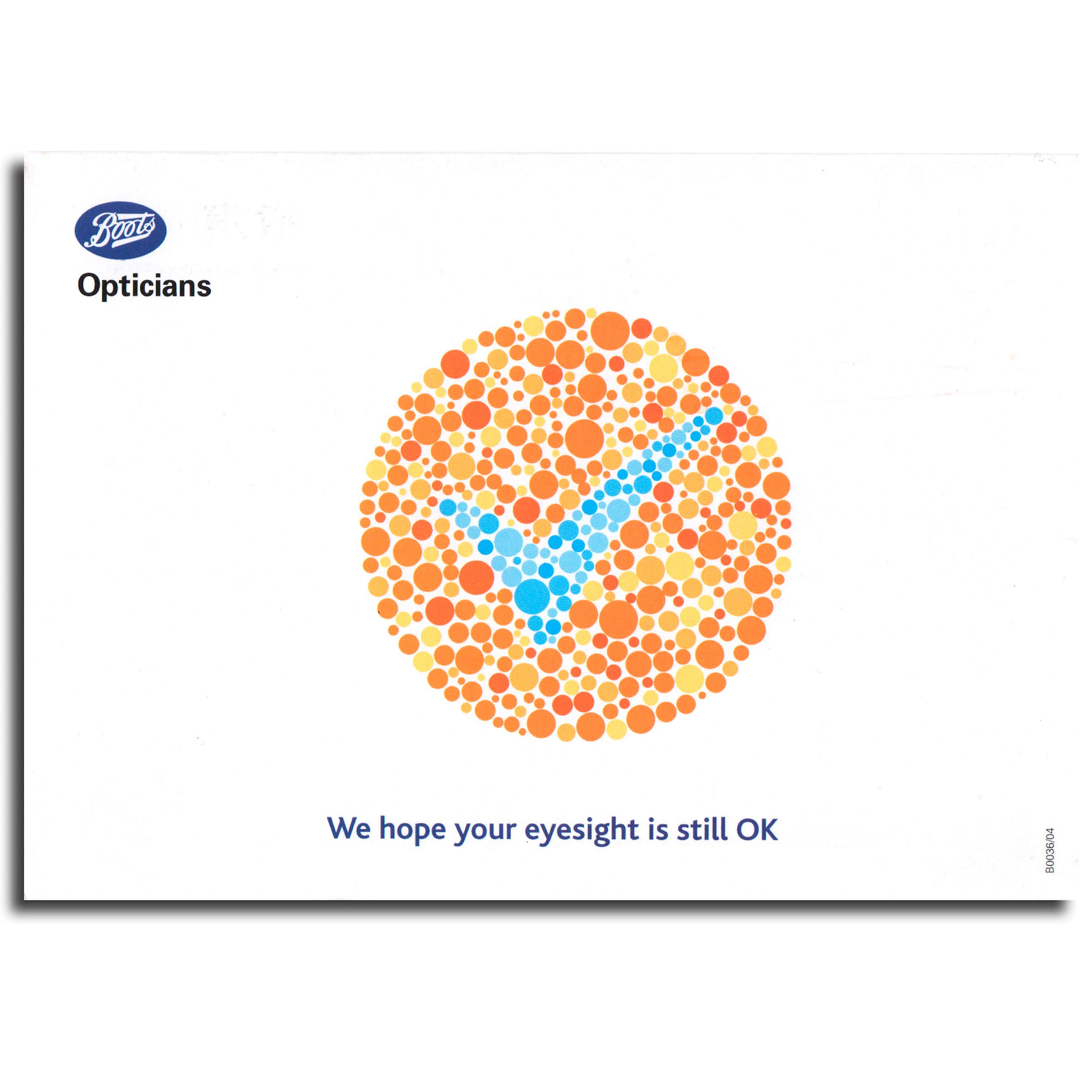 Direct mail piece for Boots Opticians using Ishihara colour blind test.