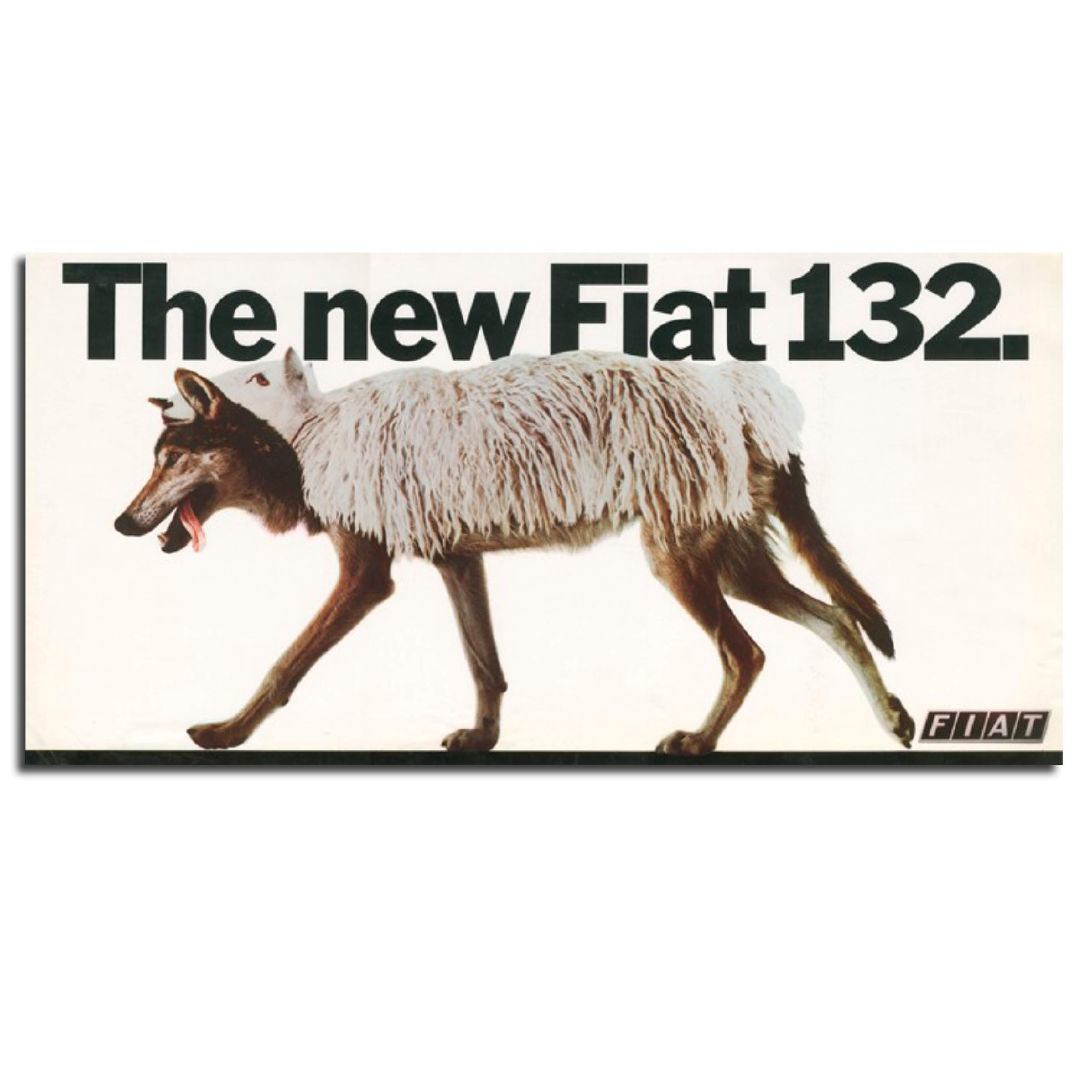 Photo montage of a wolf wearing sheep's clothing. Poster for the Fiat 132.