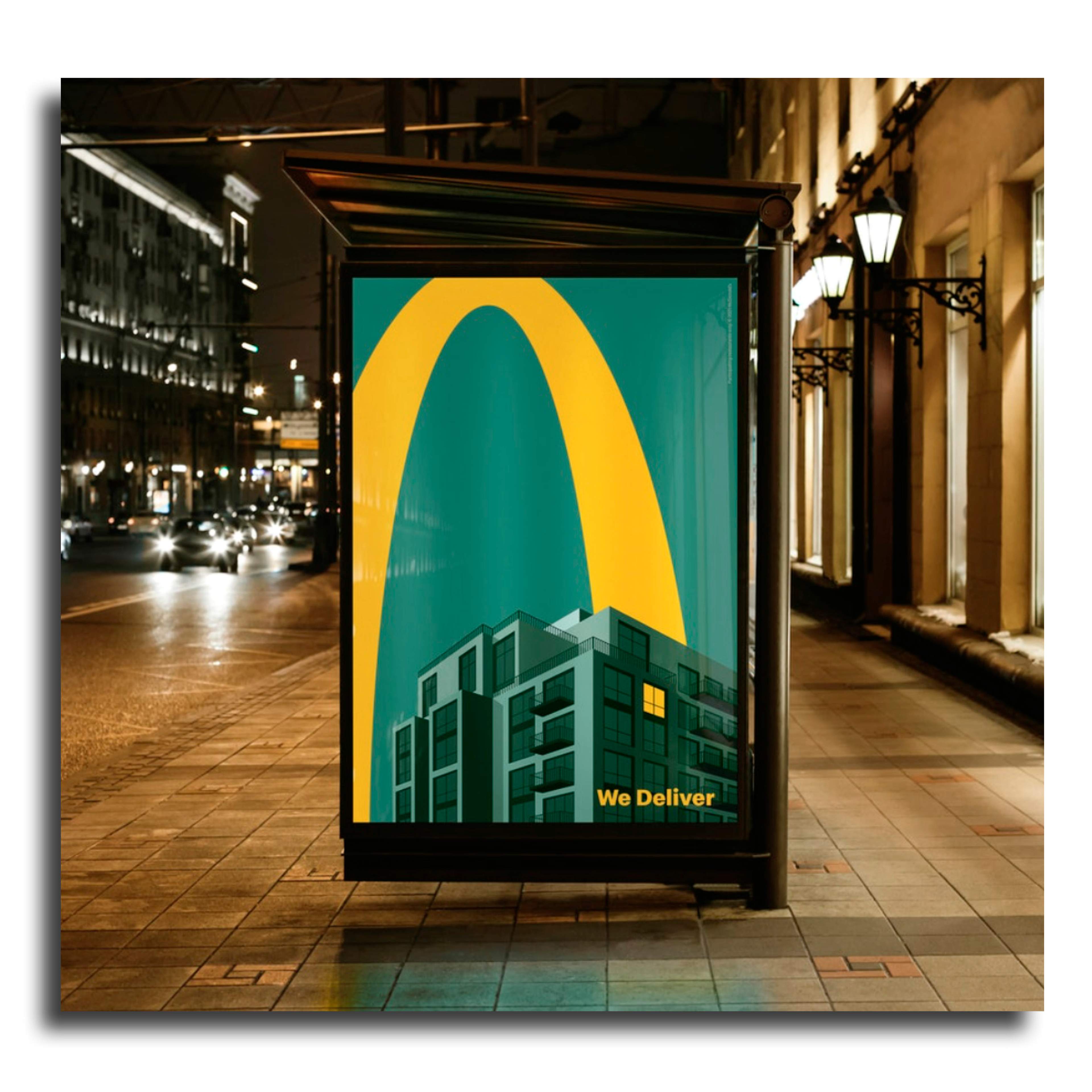 Photograph of a McDonald's Adshel poster using the McDonald's logo to show delivery at night.
