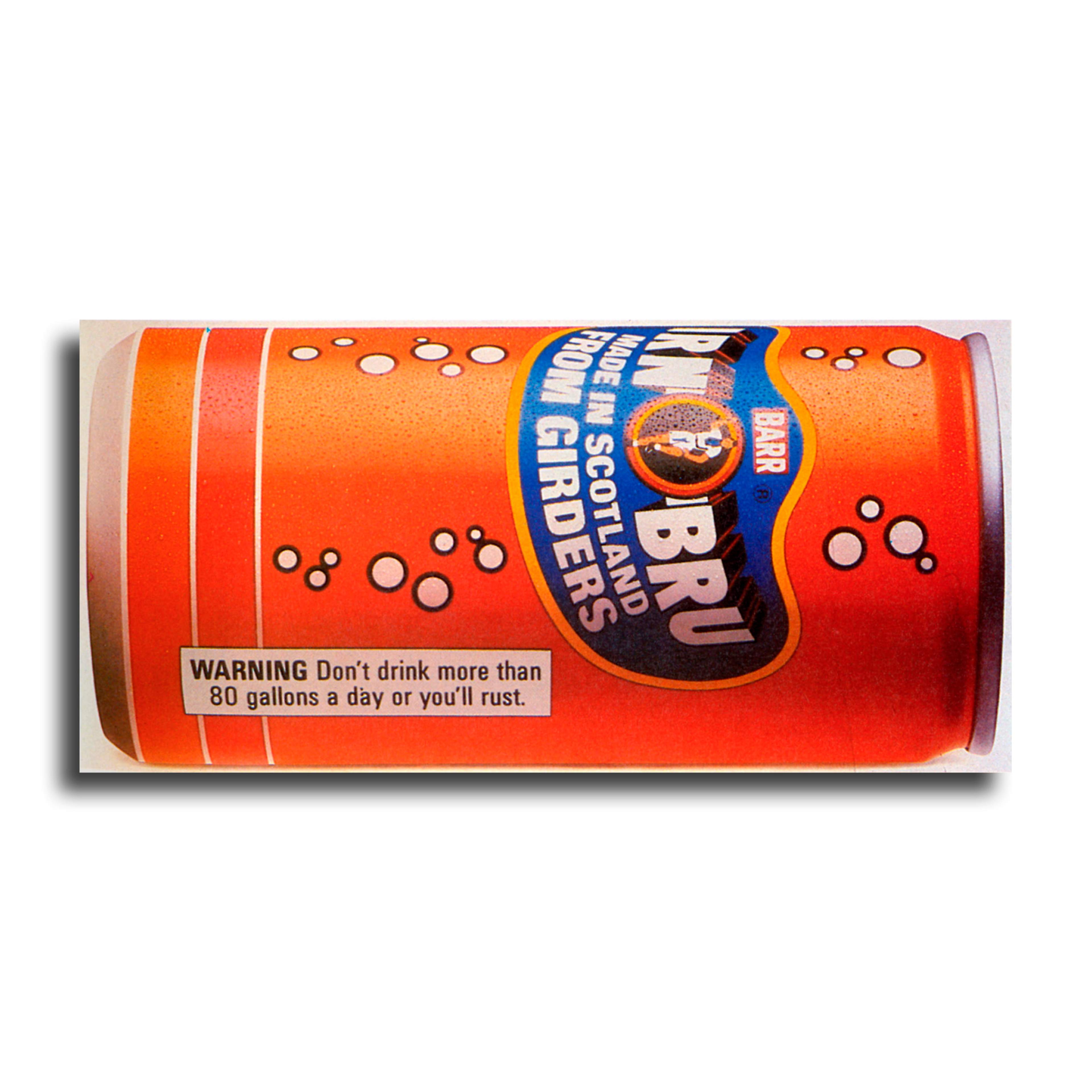 Photograph of a can of Irn Bru telling drinkers they might rust.