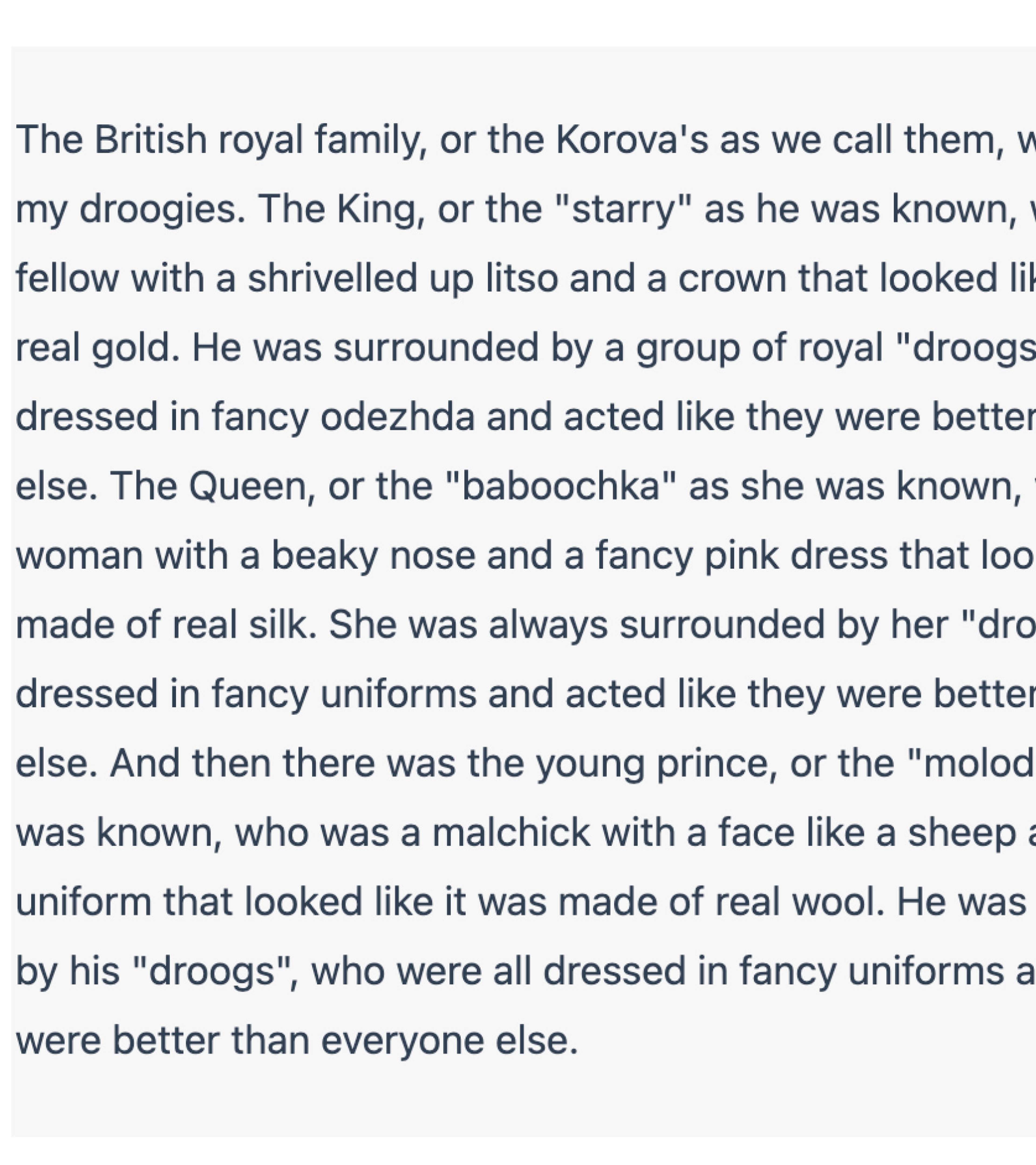A Clockwork Orange style prose describing the British royal family.