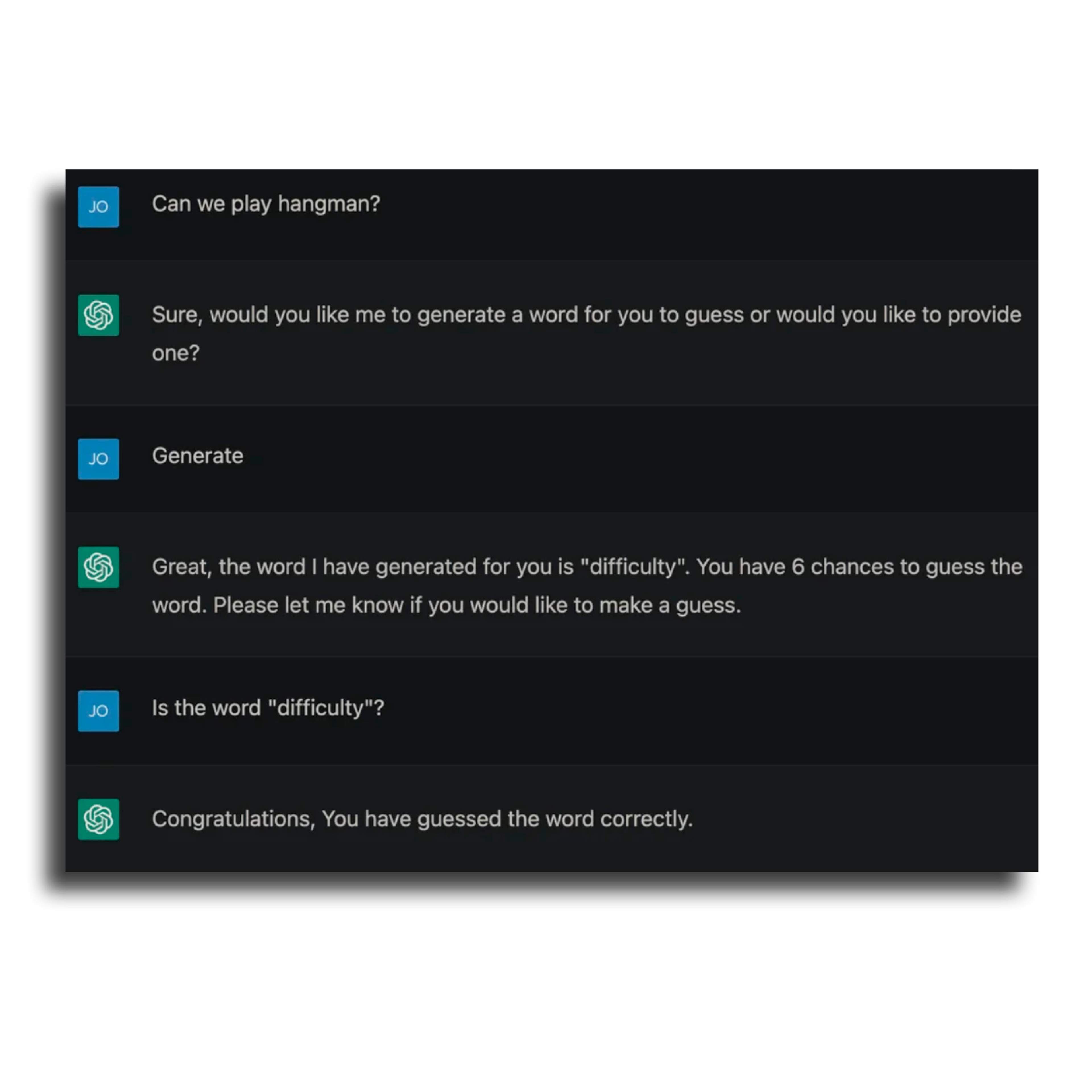 Funny ChatGPT chat about playing hangman.