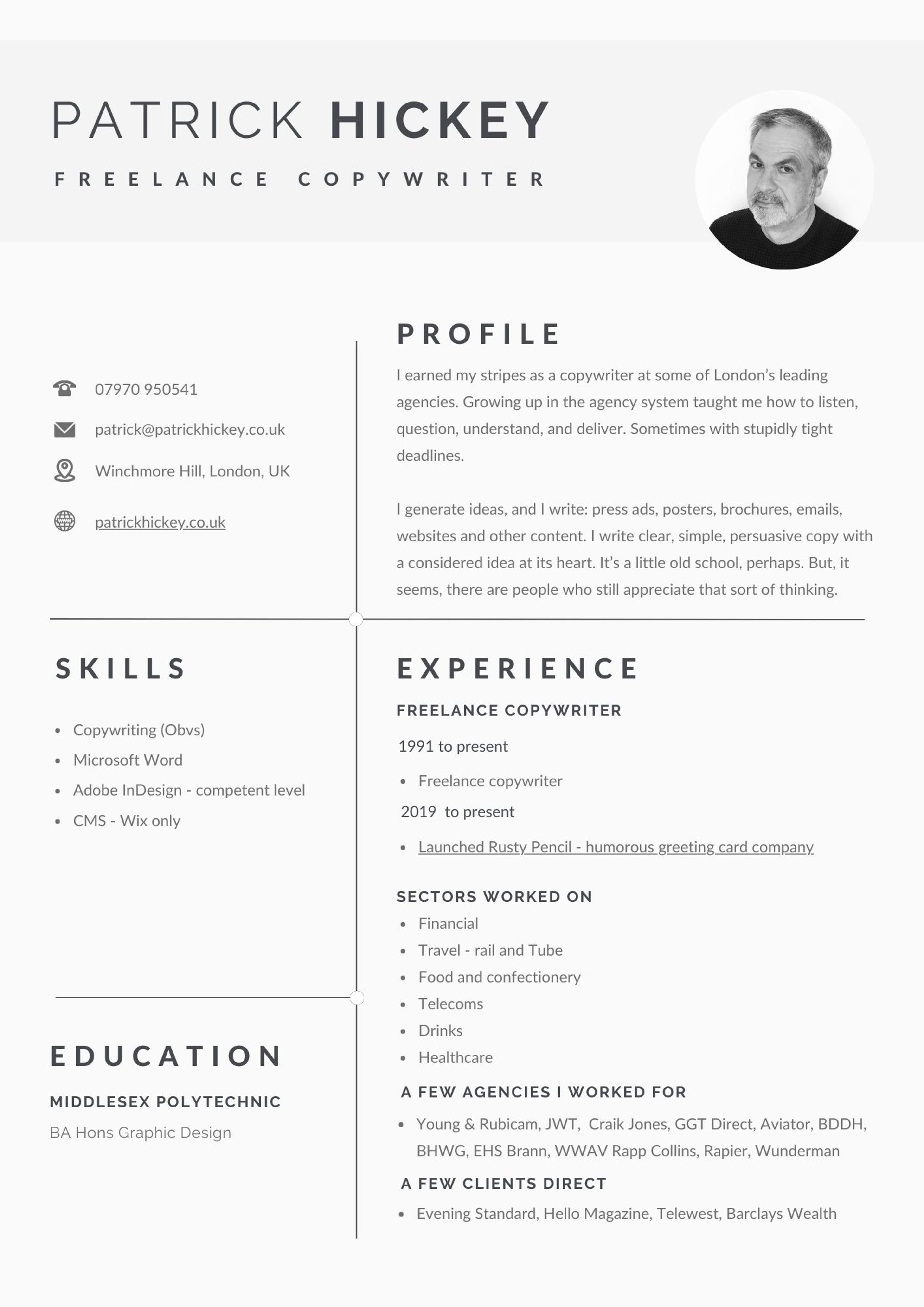 Patrick Hickey freelance copywriter CV