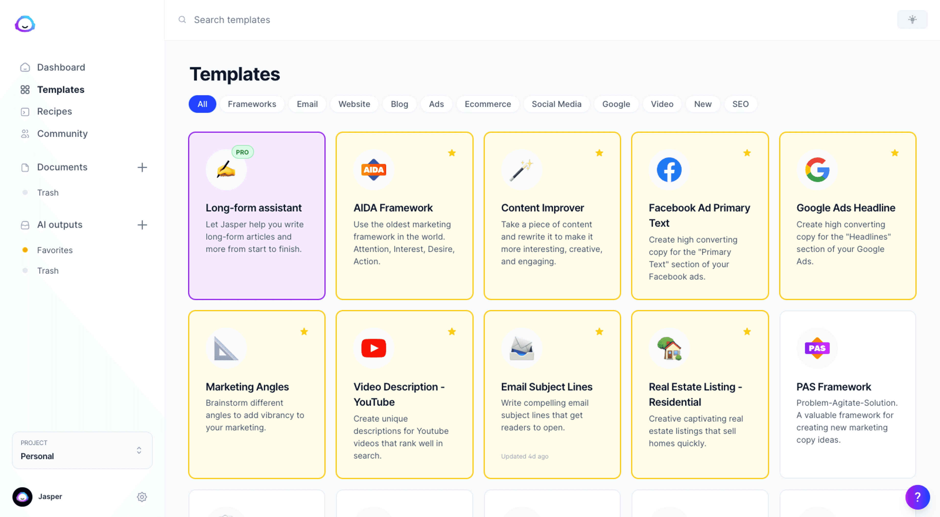 Jasper dashboard showing all the templates including "Youtube videos", "Blog outline", "Google ads", "Blog post titles", "Content improver".