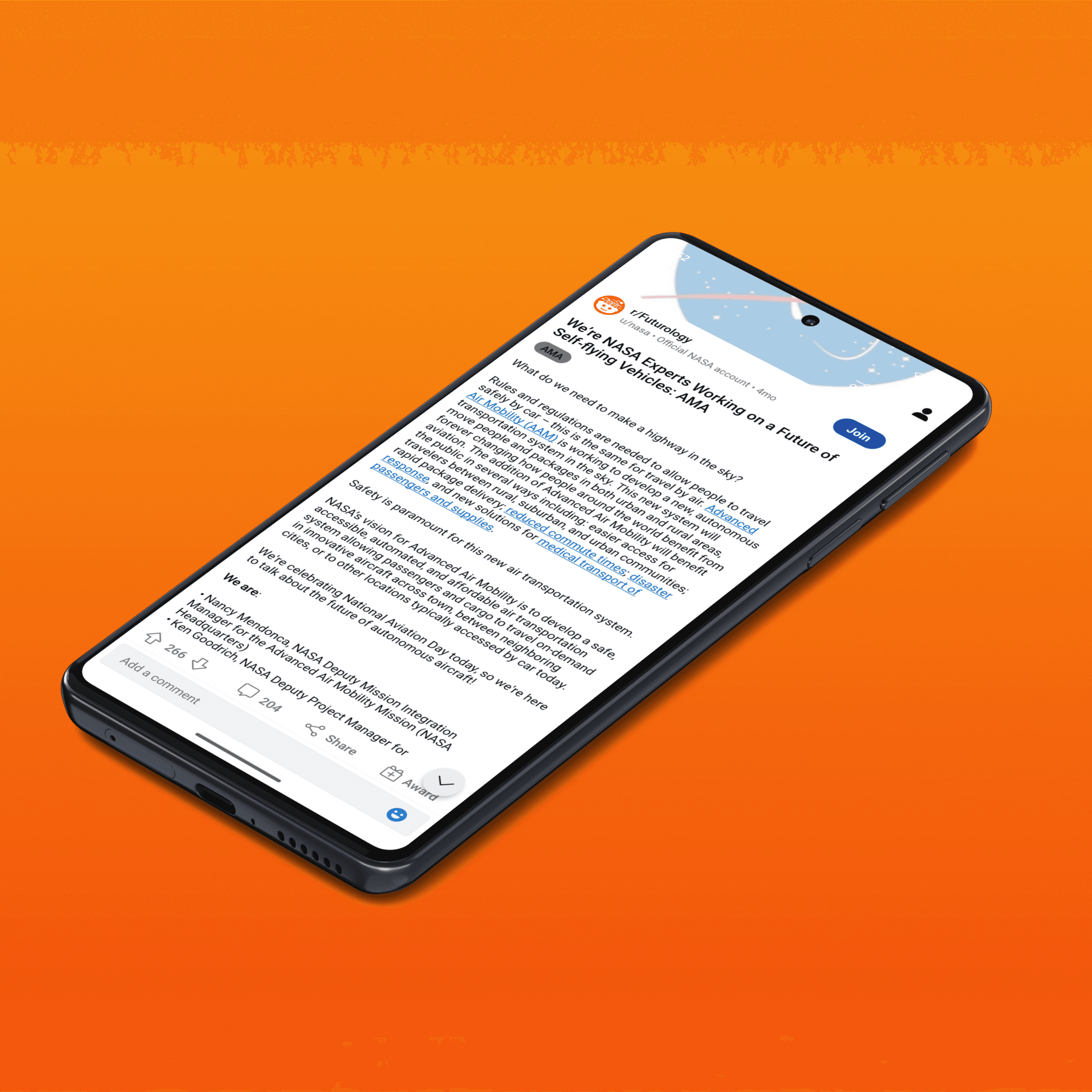 A mockup of a phone and Reddit post reading "We're NASA Experts Working on a Future of Self-flying Vehicles: AMA. The background is orange.