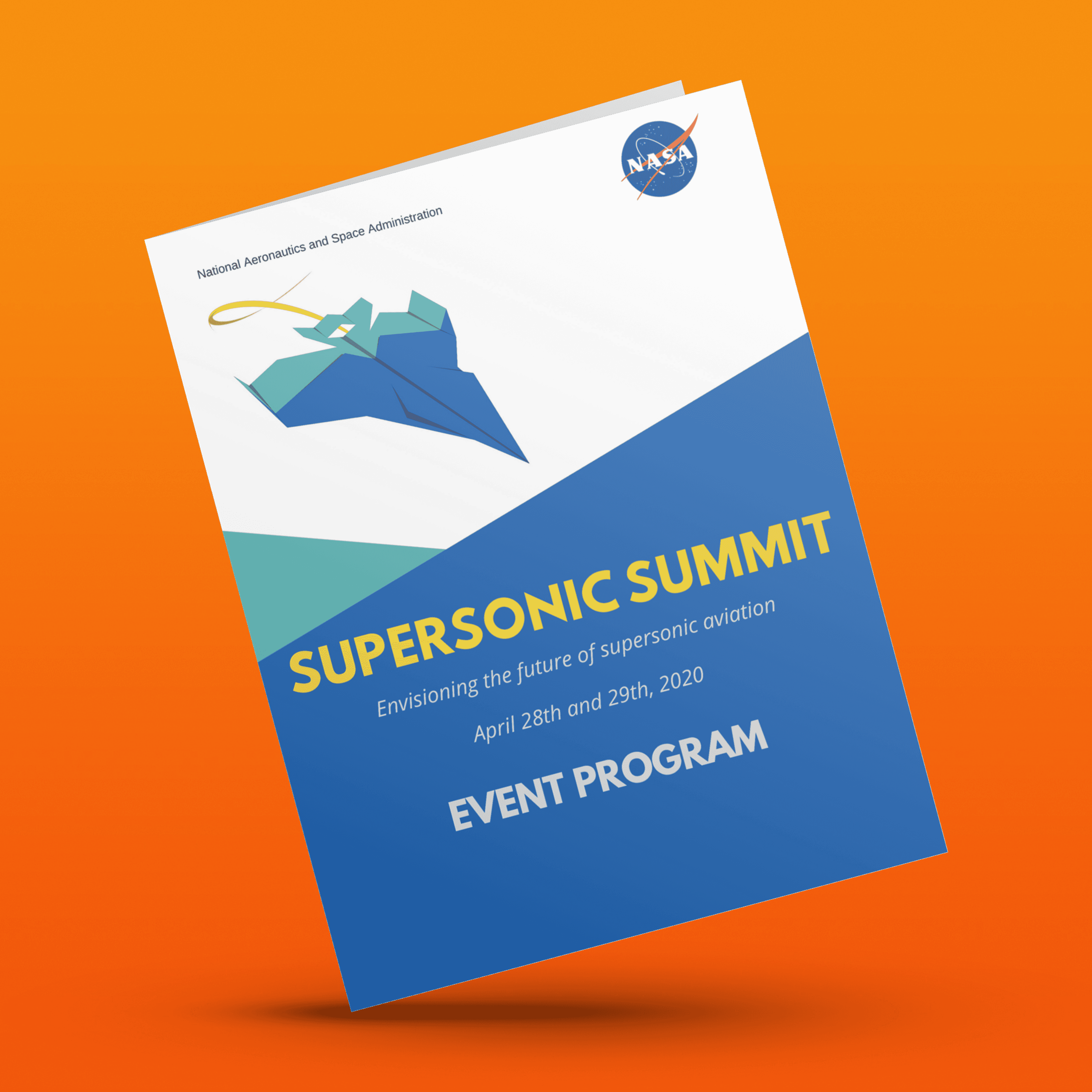 A brochure mockup with "Supersonic Summit" as the title and "envisioning the future of supersonic aviation" as the subtitle.