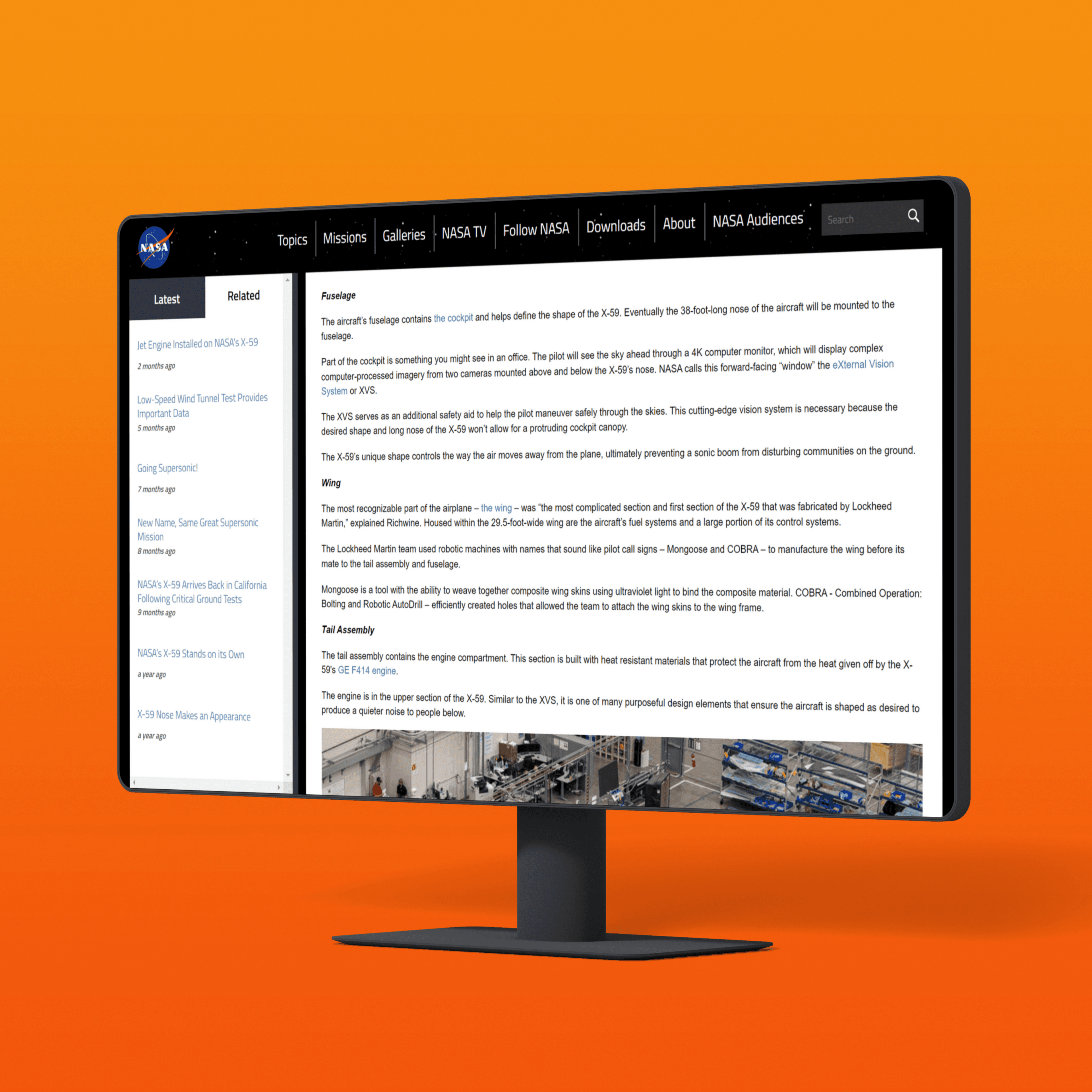 A mock-up of a computer monitor with a long-form NASA article with a title reading "X-59 Resembles Actual Aircraft".