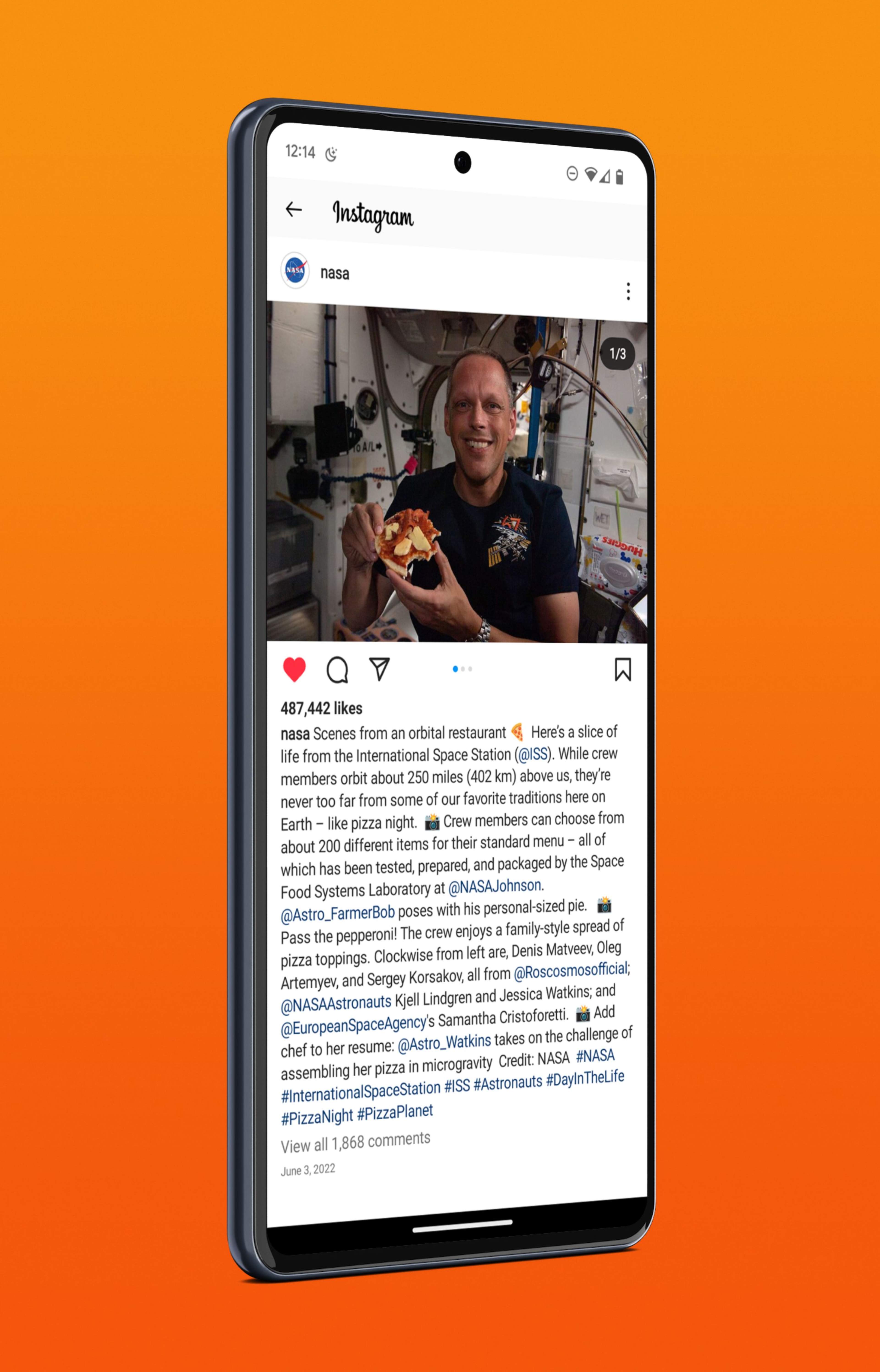 A smartphone mockup of a NASA Instagram post with the lede "Scenes from an orbital restaurant." The post doesn't include formatting.