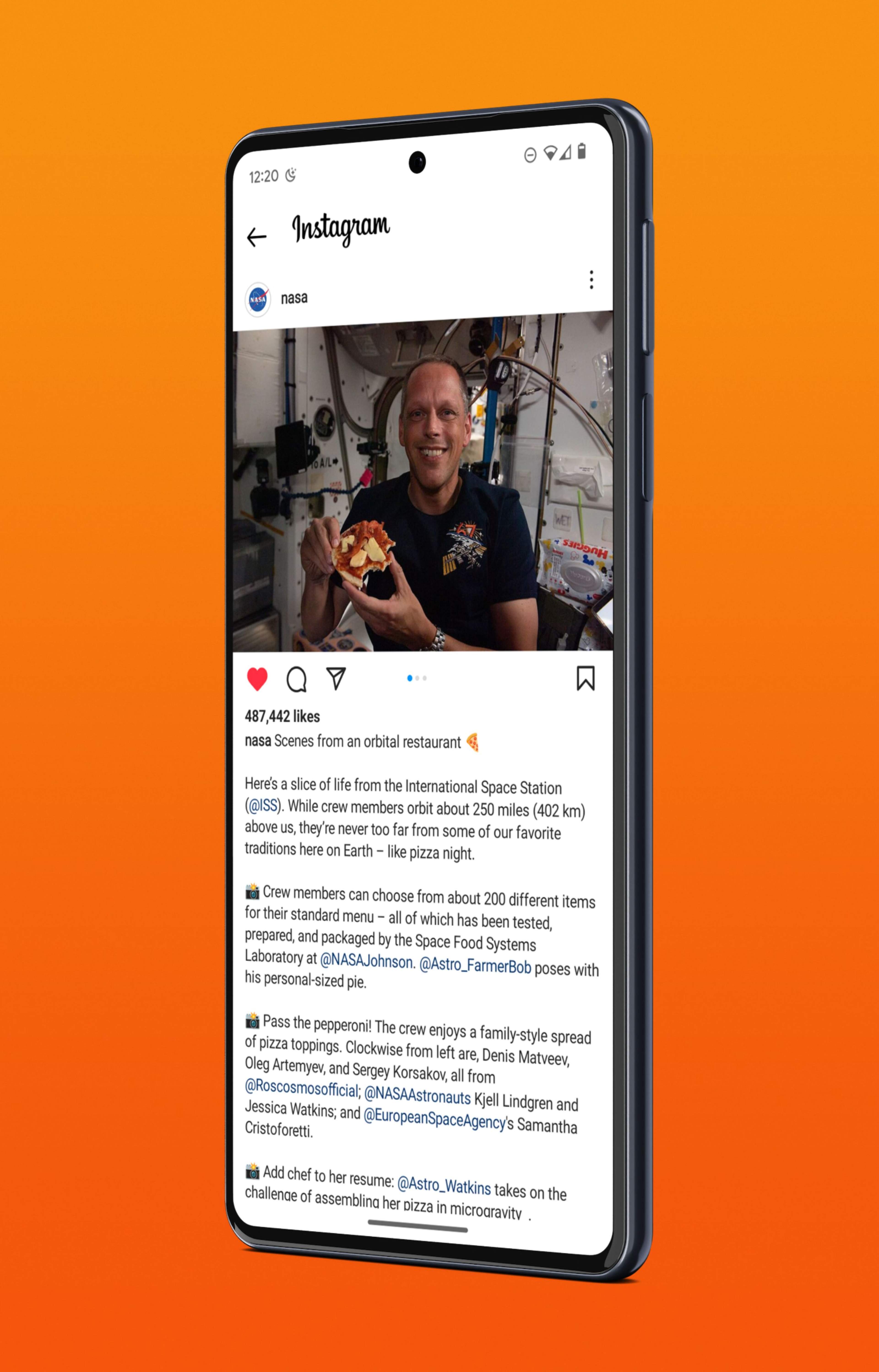 A smartphone mockup of a NASA Instagram post with the lede "Scenes from an orbital restaurant." The post does include formatting.