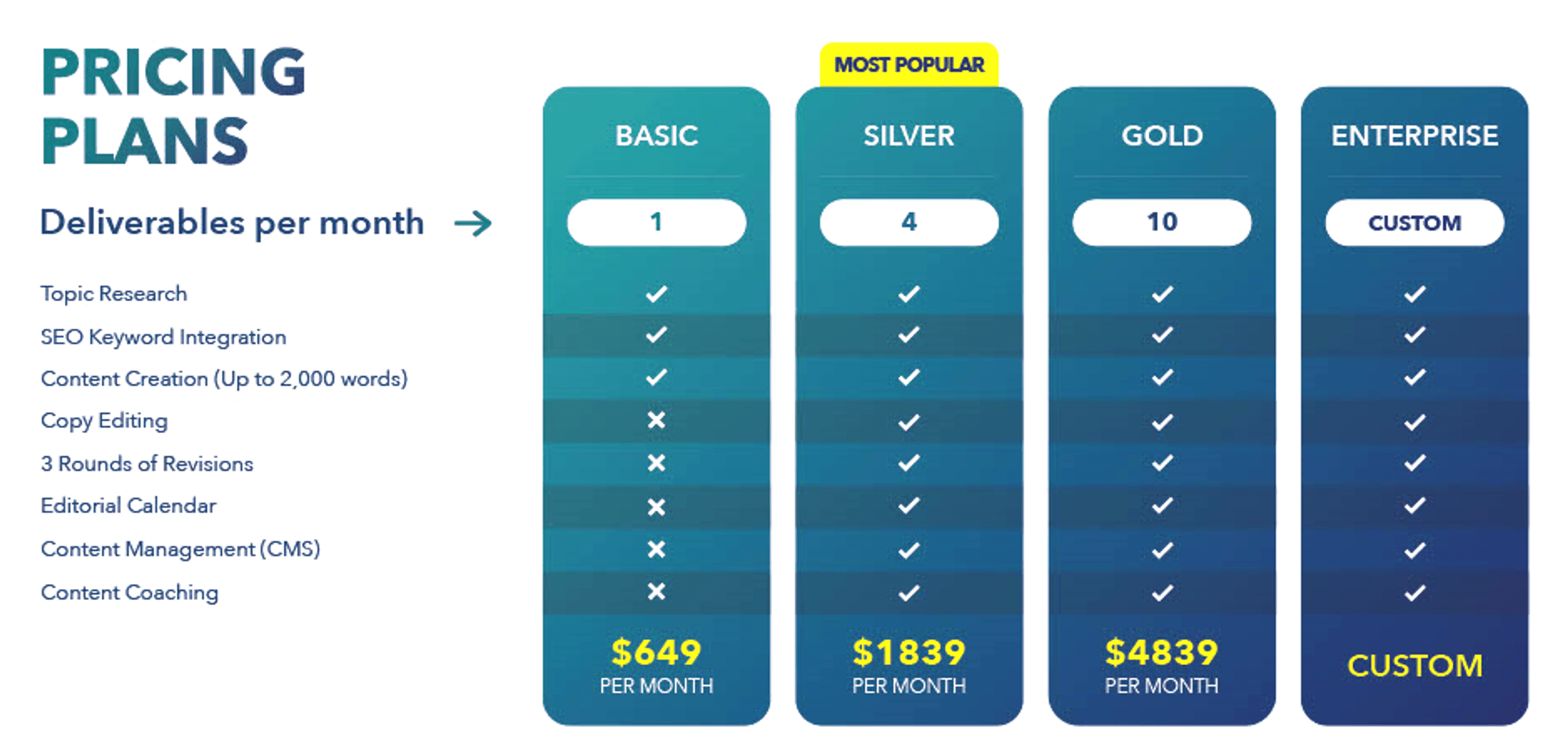 Pricing plan for monthly deliverables.