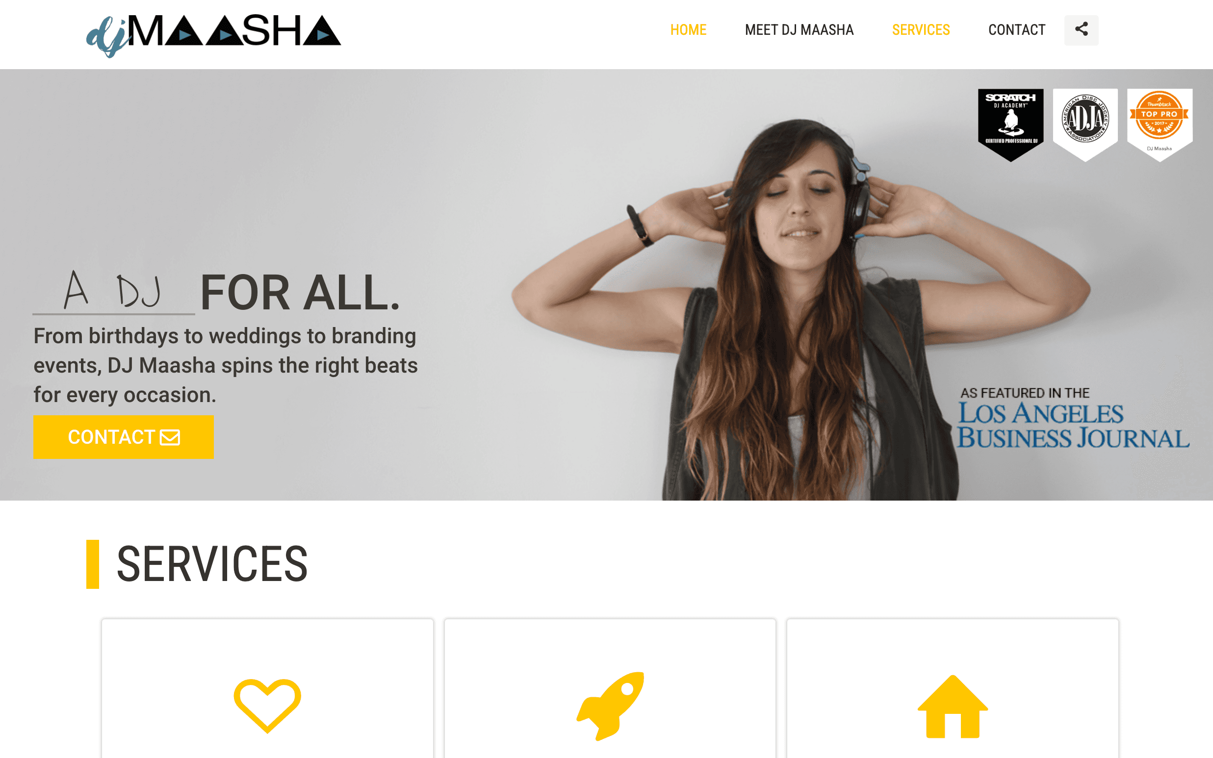 A screenshot of the website of DJ Maasha. I set up her website using Wordpress, created assets and wrote all of the web content. 
