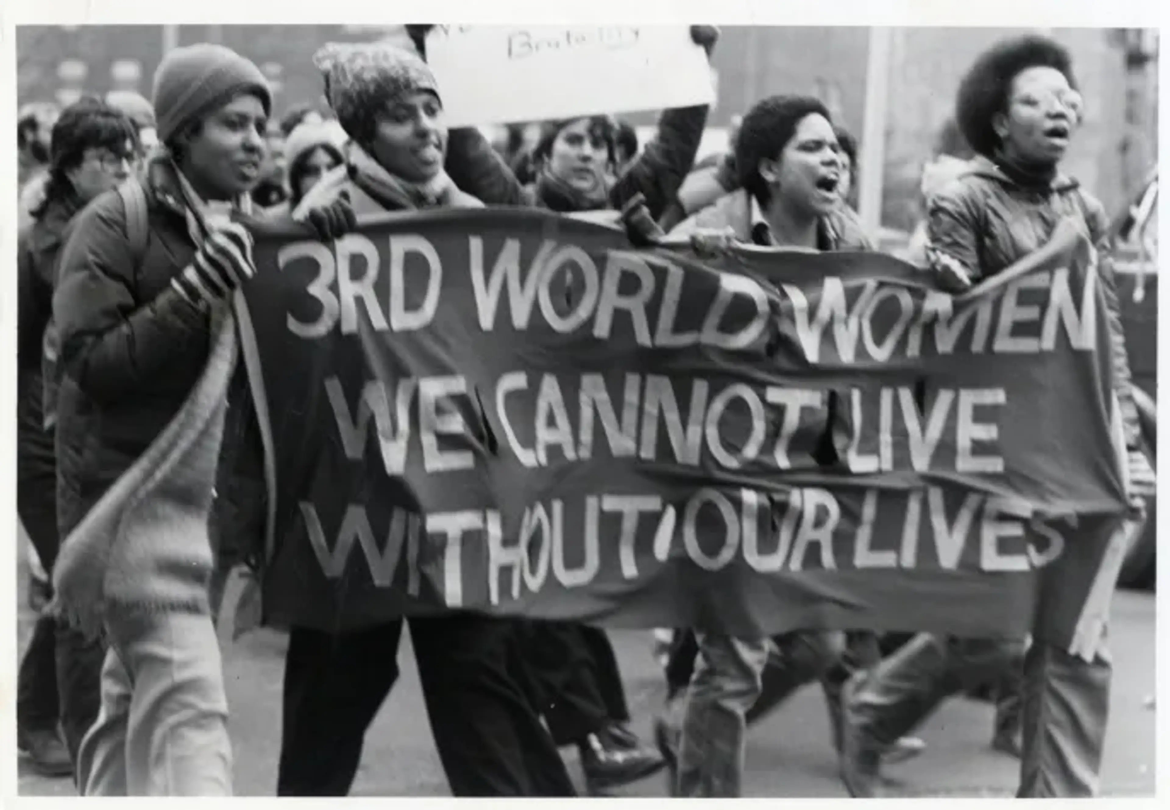Women holding a banner in protect that reads 3RD WORLD WOMEN - WE CANNOT LIVE WITHOUT OUR LIVES