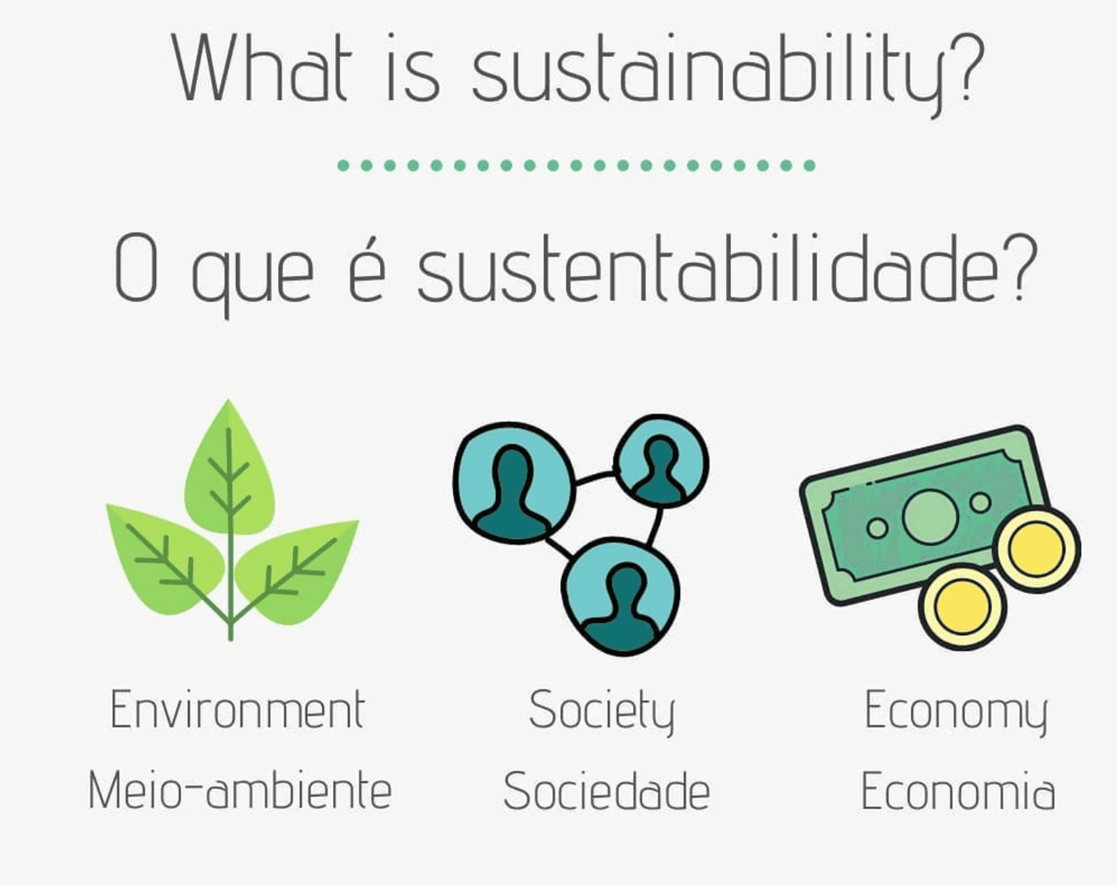 On a white background the title " What is sustainability?" stands on top of the Environment, Society and Economy words and icons.