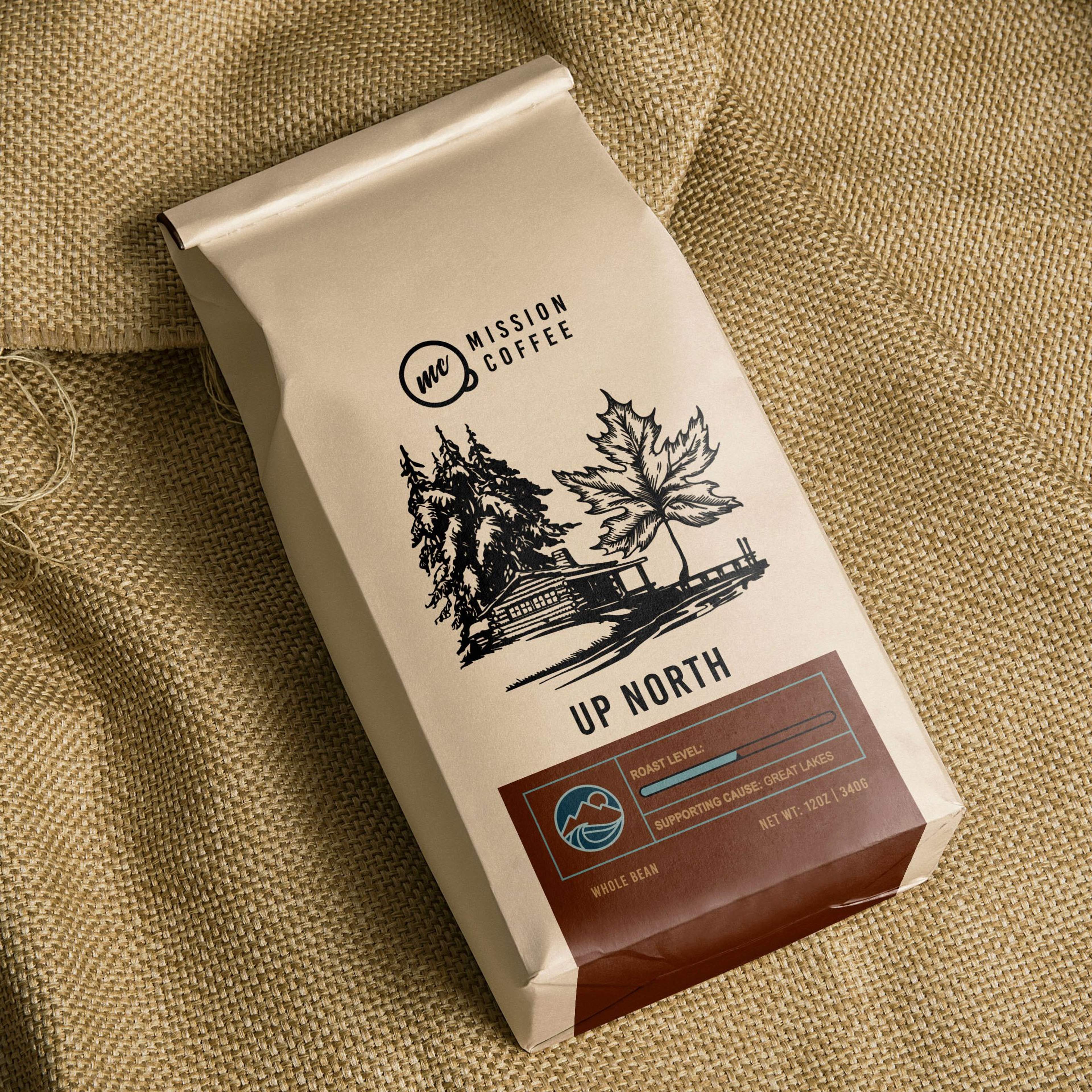 Mission Coffee's coffee bean packaging mockup of the "Up North" flavor