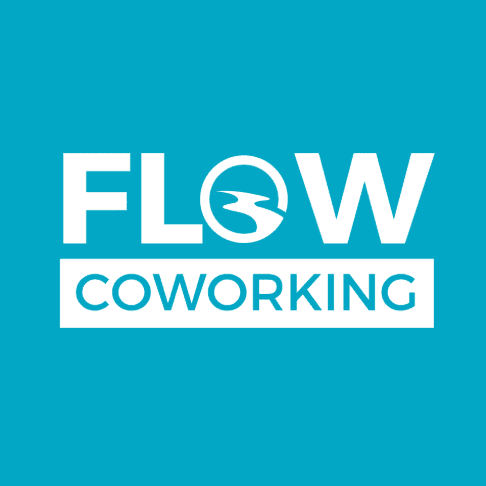 Flow Coworking logo in white on turquoise, with a winding river shape inside the letter O.