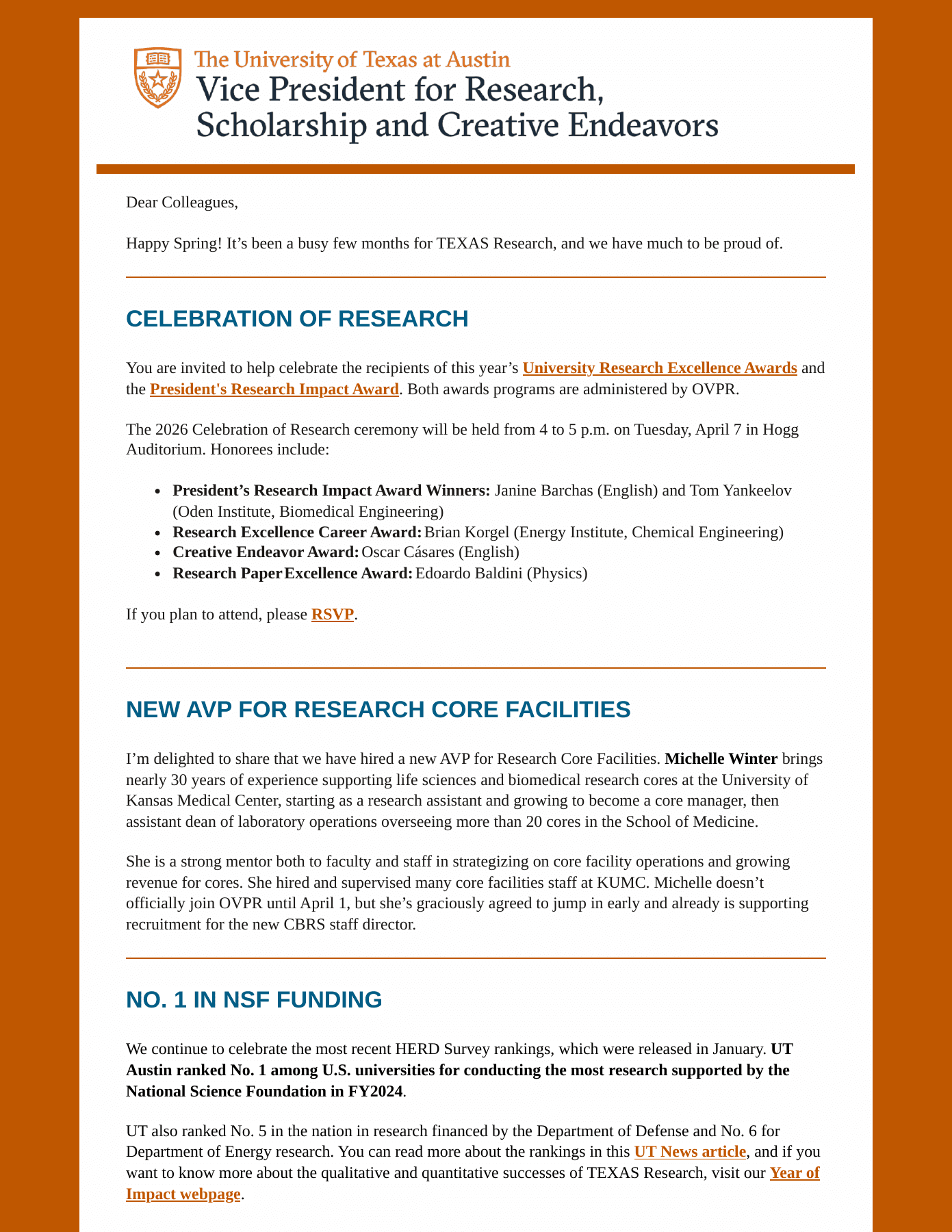 Spring 2026 UT Research newsletter excerpt with university branding, research news, and clear section headings.