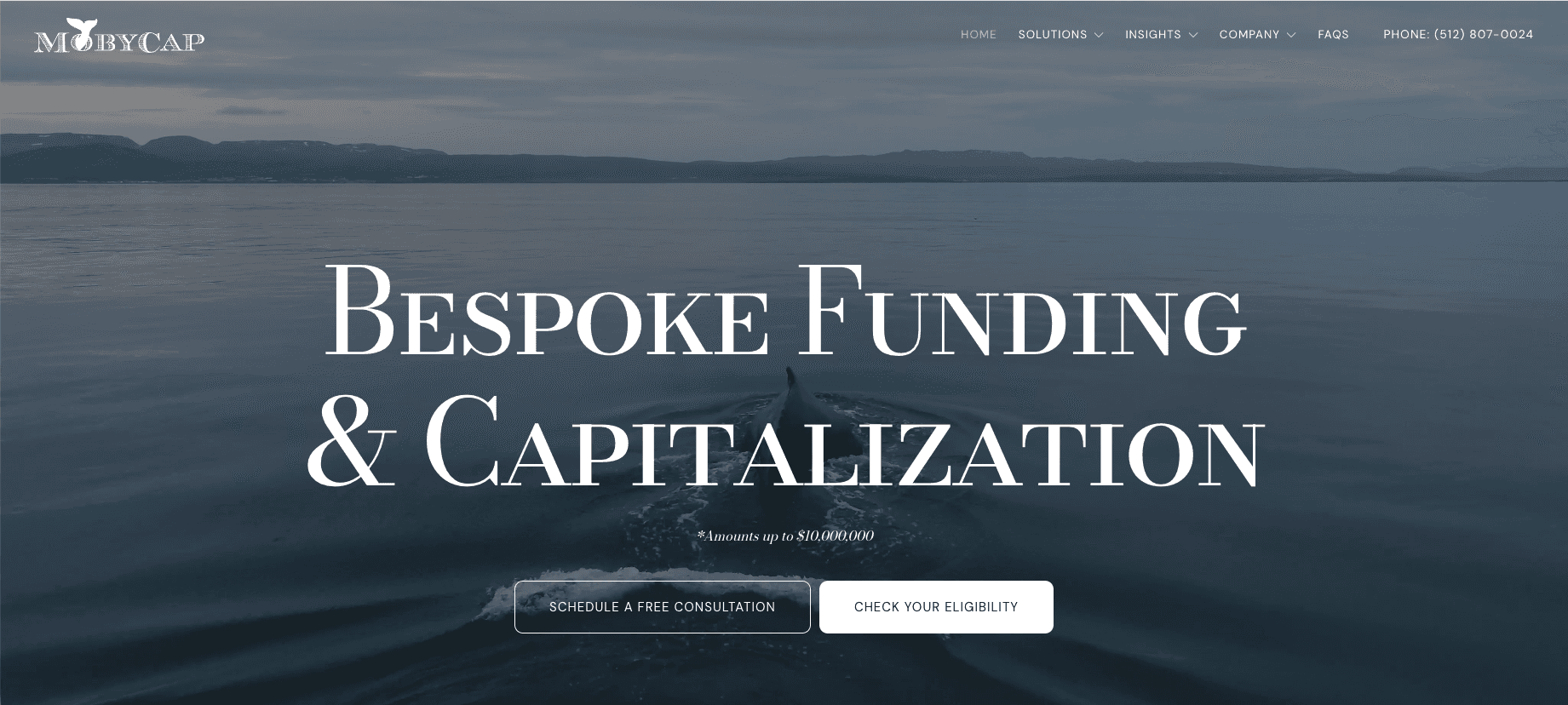 Moby Capital homepage with a blue ocean image, funding and capitalization headline, and consultation and qualification buttons.