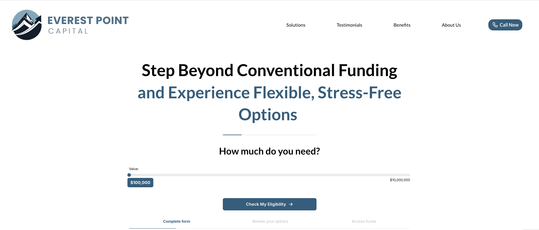 Everest Point Capital homepage with a white background, mountain logo, funding headline, and amount selection form.