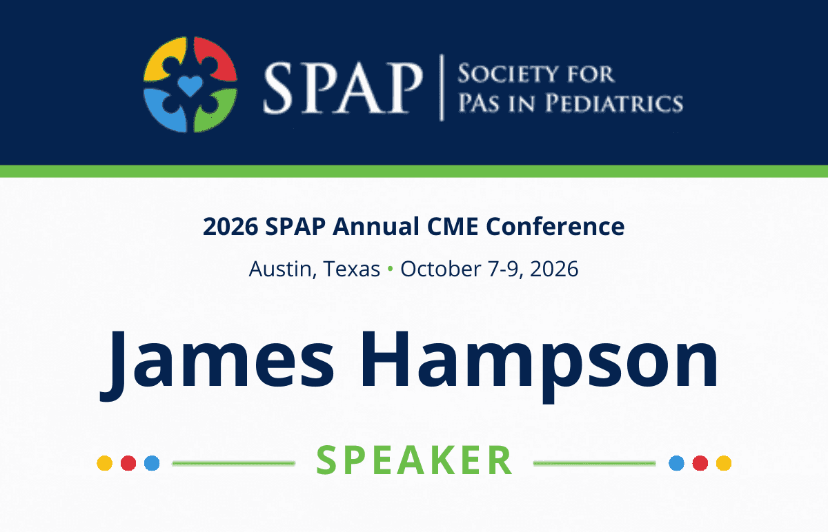 SPAP 2026 conference badge for speaker James Hampson, with navy branding, green accents, and the October 7–9 Austin event dates.