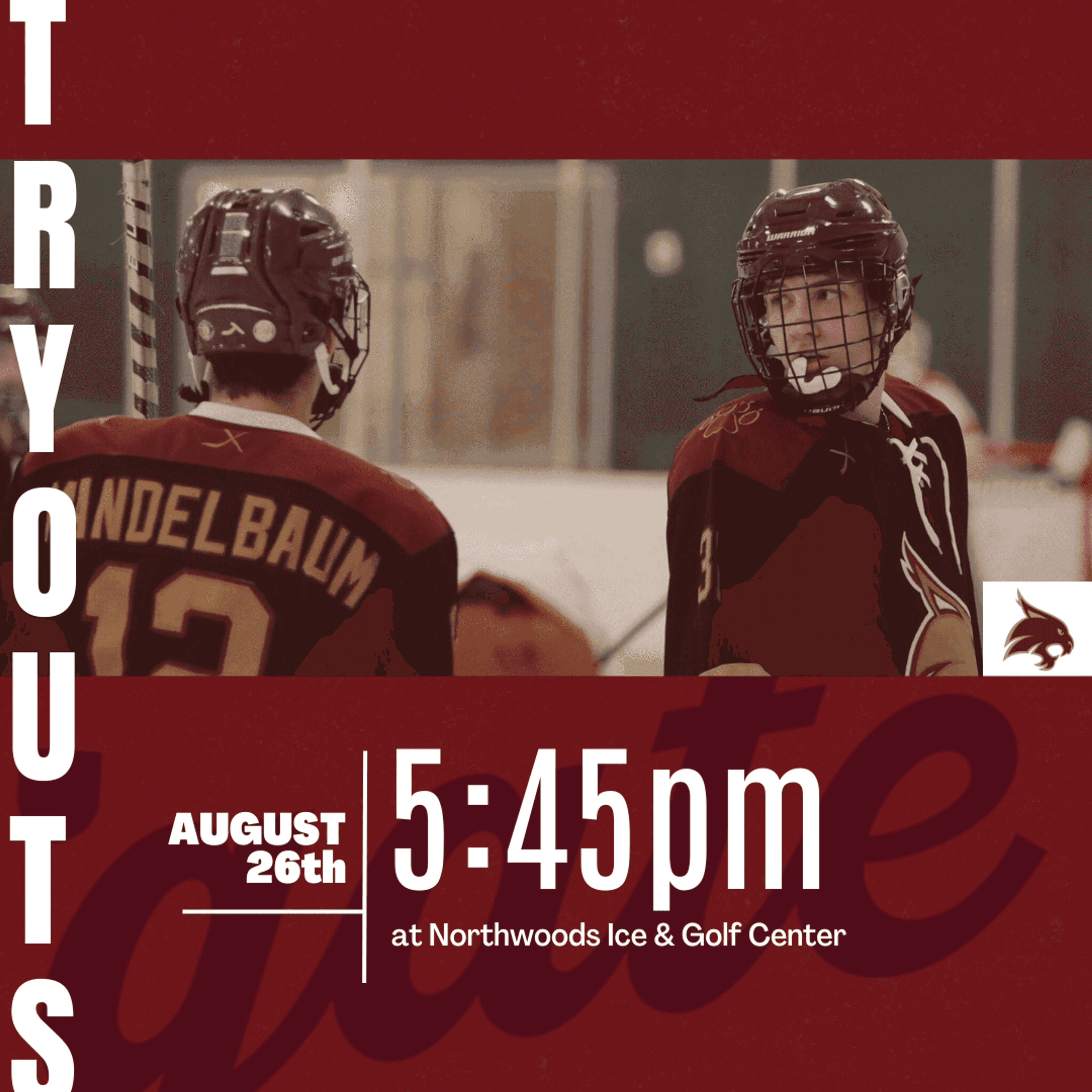 Texas State Hockey tryout graphic featuring two players in team uniforms with maroon, gold and cream typography.