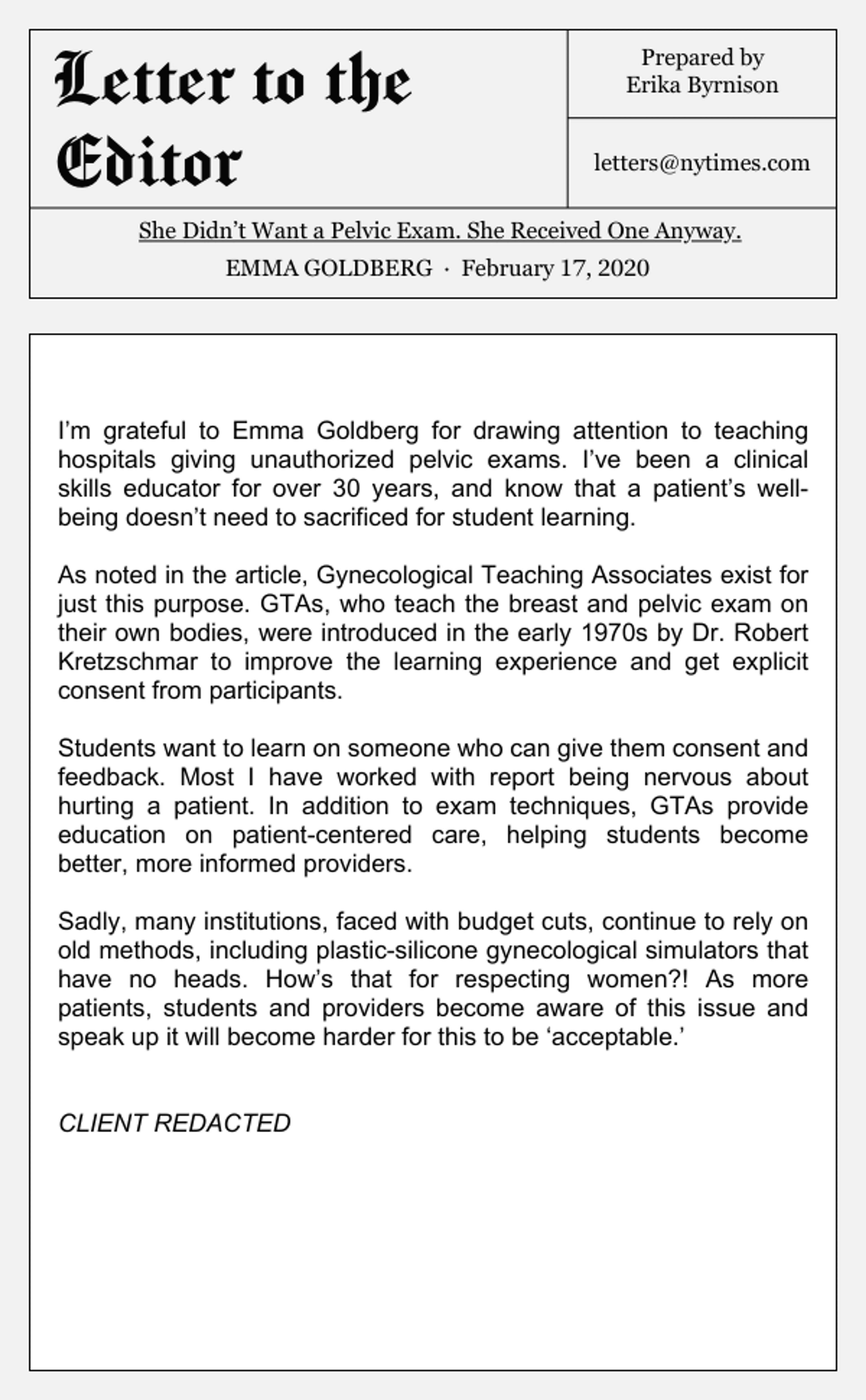 Letter to the editor responding to New York Times article by Emma Goldberg titled She Didn't Want a Pelvic Exam. She Received One Anyway.