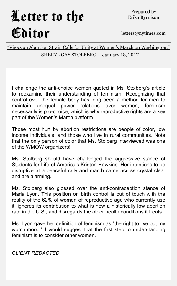 Letter to the editor responding to New York Times article by Sheryl Gay Stolberg, Views on Abortion Strain Calls for Unity at Women's March.