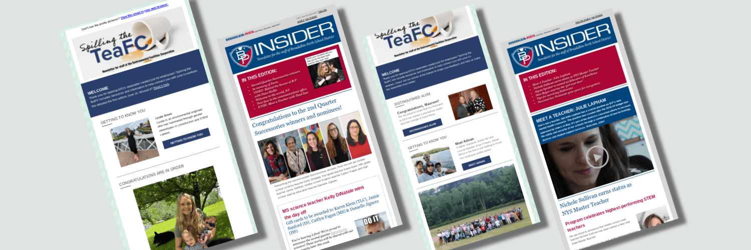 screenshots lined up of employee newsletters for the Environmental Facilities Corporation and Broadalbin-Perth Central School District
