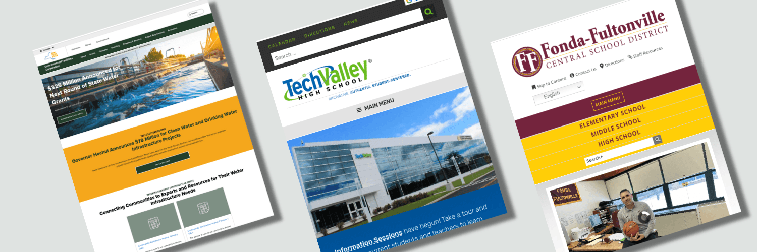 screenshots lined up of websites for the Environmental Facilities Corporation, Tech Valley High School, and Fonda-Fultonville Central School