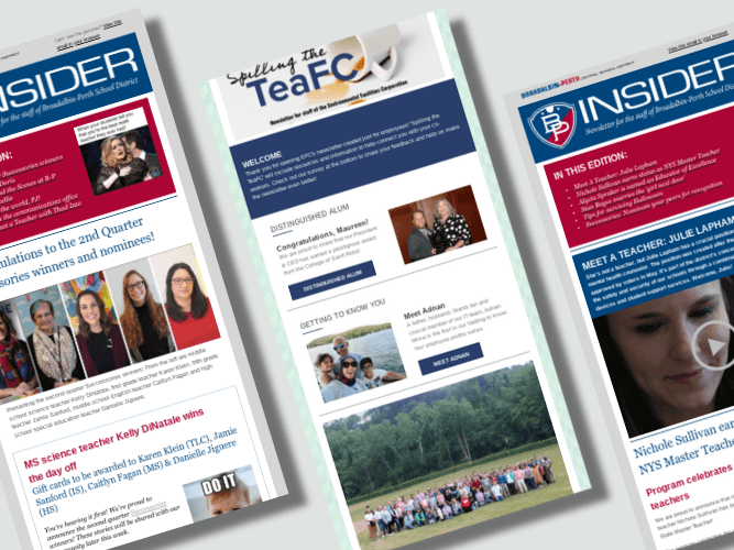 screenshots lined up of employee newsletters for the Environmental Facilities Corporation and Broadalbin-Perth Central School District
