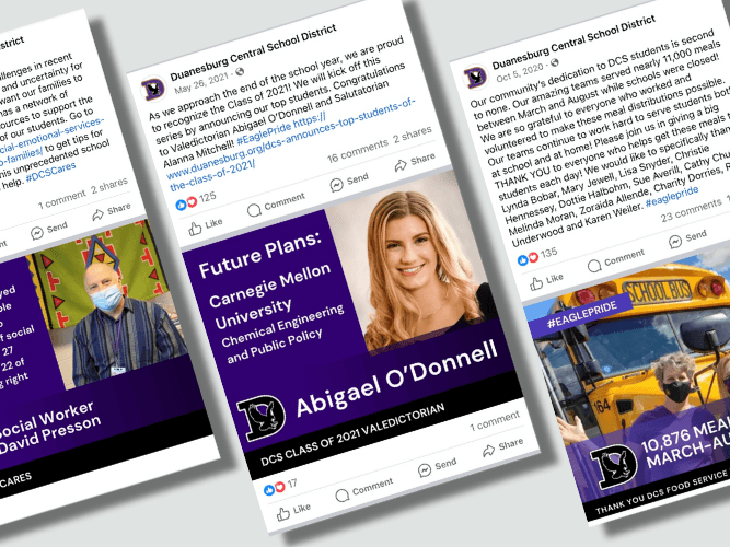 screenshots lined up of social media posts for the Duanesburg Central School District 
