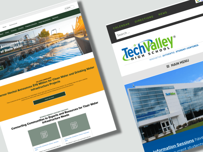 screenshots lined up of websites for the Environmental Facilities Corporation and Tech Valley High School