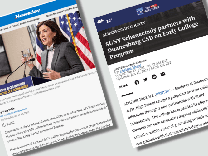screenshots lined up of news reports from Newsday and ABC News 10 