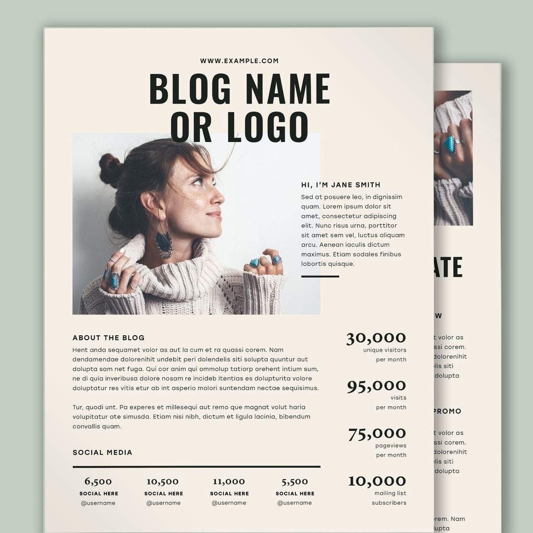 A polished blog post design template, featuring a photo, headline, and metrics for unique visitors and social media.