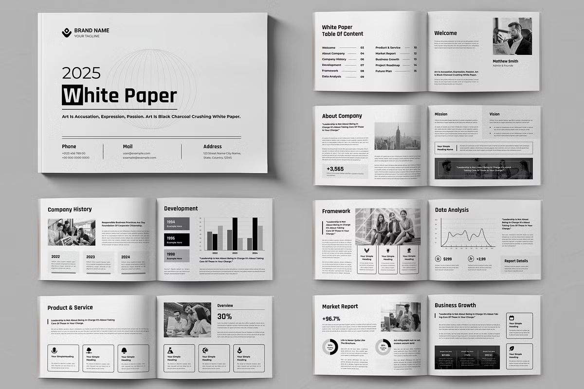 A white paper template displaying a cover, a table of contents, and data analysis, representing a meticulously researched report.