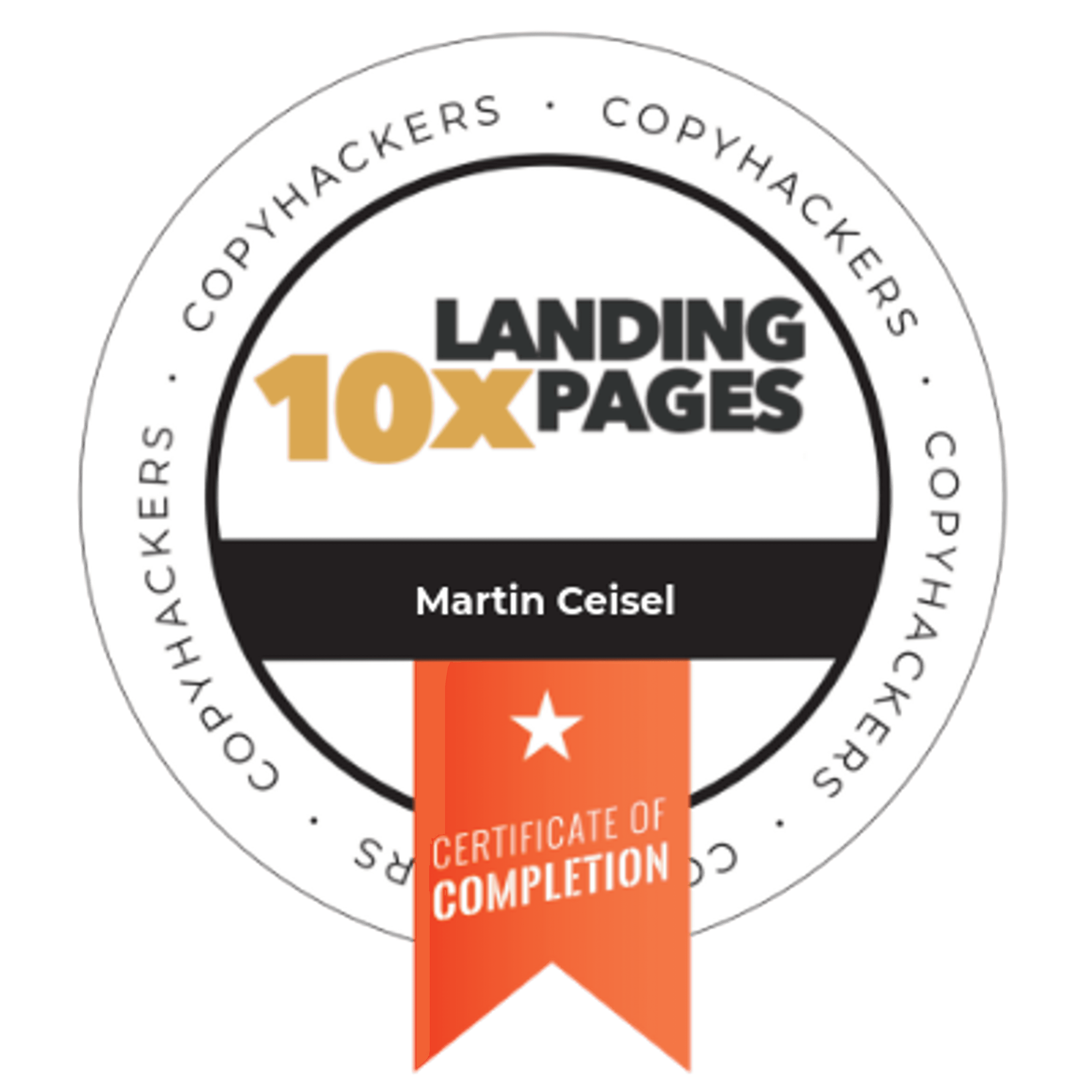 Copyhackers 10x Landing Pages badge for successfully completing conversion-focused copywriting training.