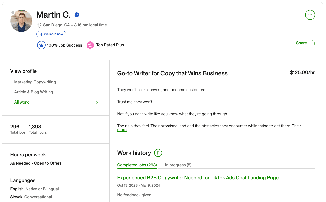 If you're wondering how to become a successful freelancer on Upwork, start with your profile. Here's a screenshot of my Upwork profile.