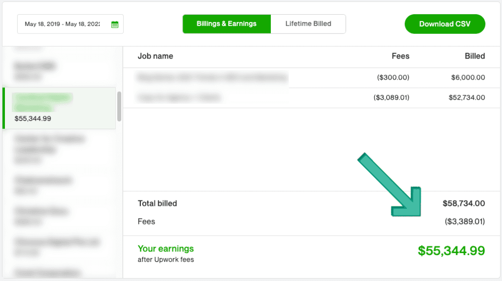 An example of Upwork Fees that I paid for one of my long-term clients.