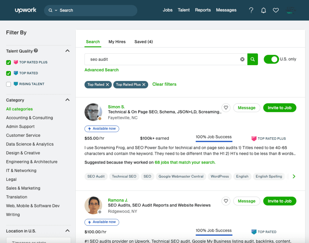 A screenshot of an example freelancer search that I conducted using my Upwork Client profile.