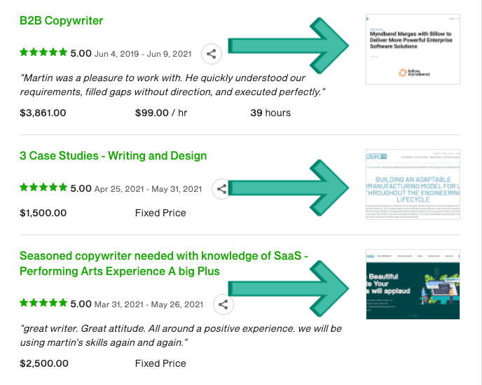 A screenshot of completed Upwork jobs for which I linked portfolio items
