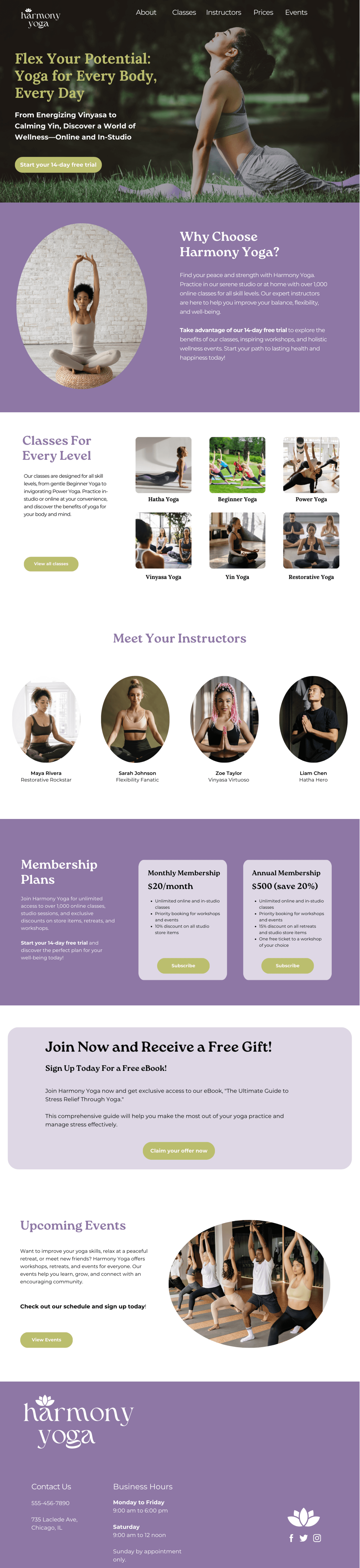 Online and in-studio yoga classes for all levels at Harmony Yoga.