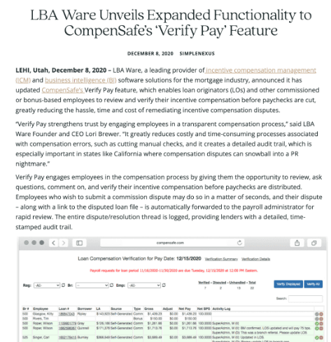 Press Release: LBA Ware Unveils Expanded Functionality to CompenSafe's 'Verify Pay' Feature