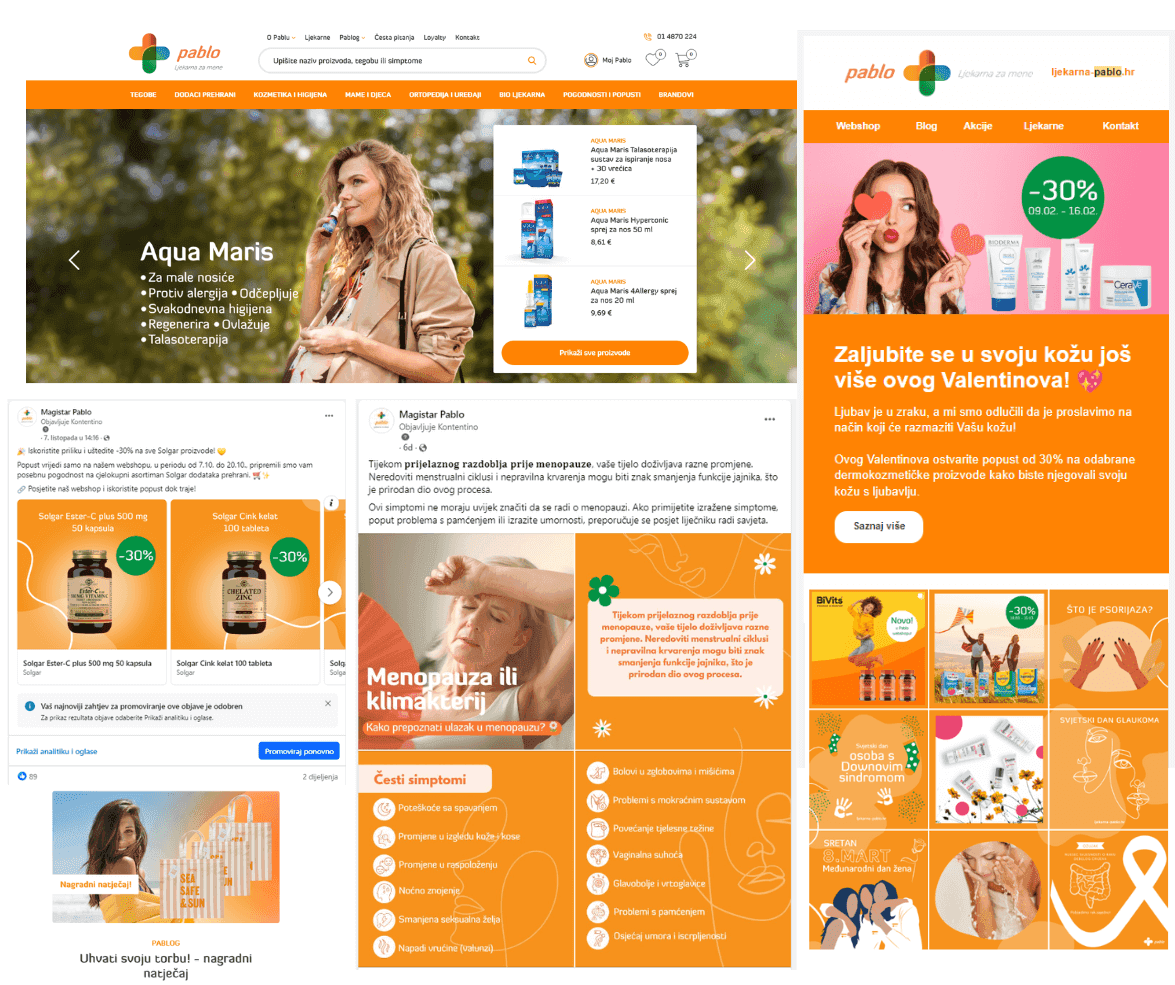Promotive mix for a pharmacy company including social media marketing, newsletter, blogs, landing pages, visual design and blogs.

