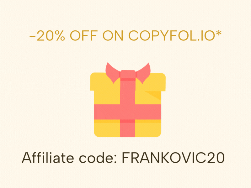 Animated graphic showing a yellow gift box with a red ribbon and the text “20% off on Copyfol.io*” and “Affiliate code: FRANKOVIC20.”