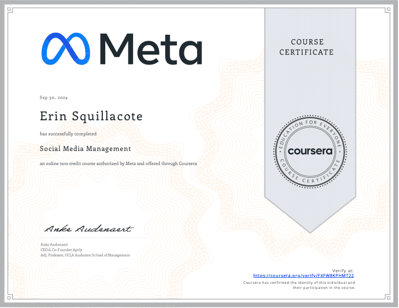 Meta Certificate in Social Media Management - Earned by Erin Squillacote, demonstrating expertise in digital marketing and content strategy.