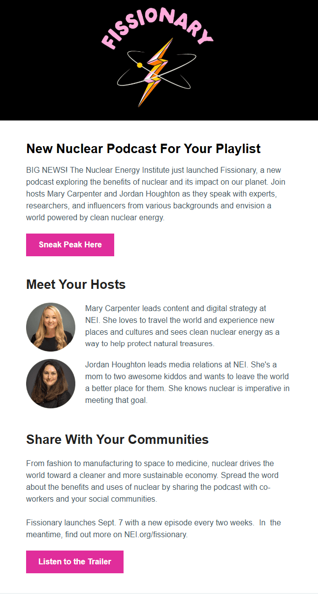 This email announced the launch of the Fissionary podcast.